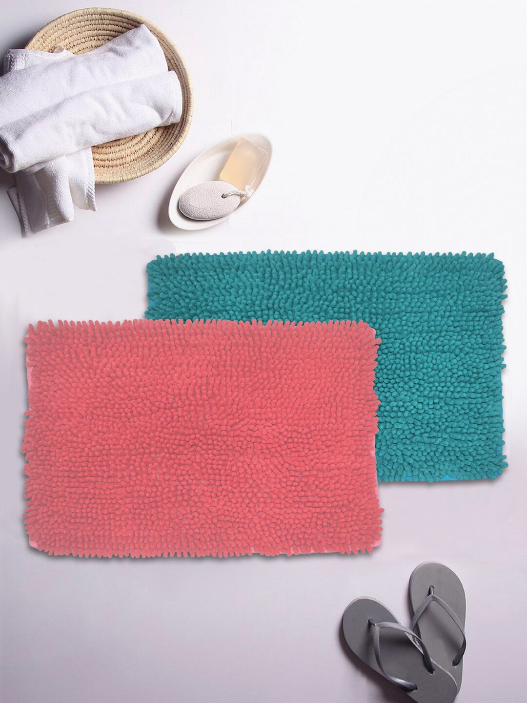

BIANCA Set Of 2 Mushroom Texture Non-Slip Shaggy Bath Rugs, Red
