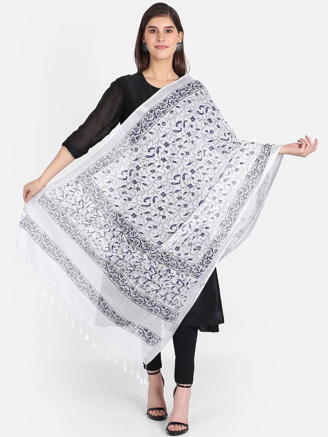 

THE WEAVE TRAVELLER White & Navy Blue Printed Dupatta