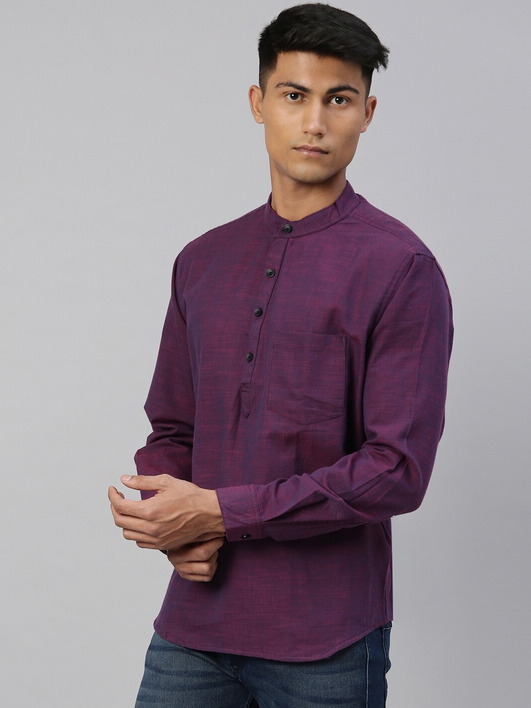 

Kryptic Men Burgundy Solid Cotton Short Kurta