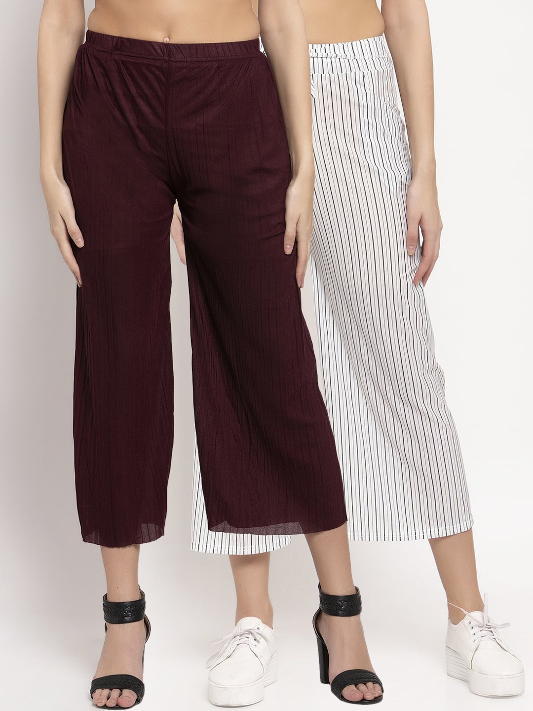 

KLOTTHE Women Pack of 2 Solid Wide Leg Palazzos, Burgundy