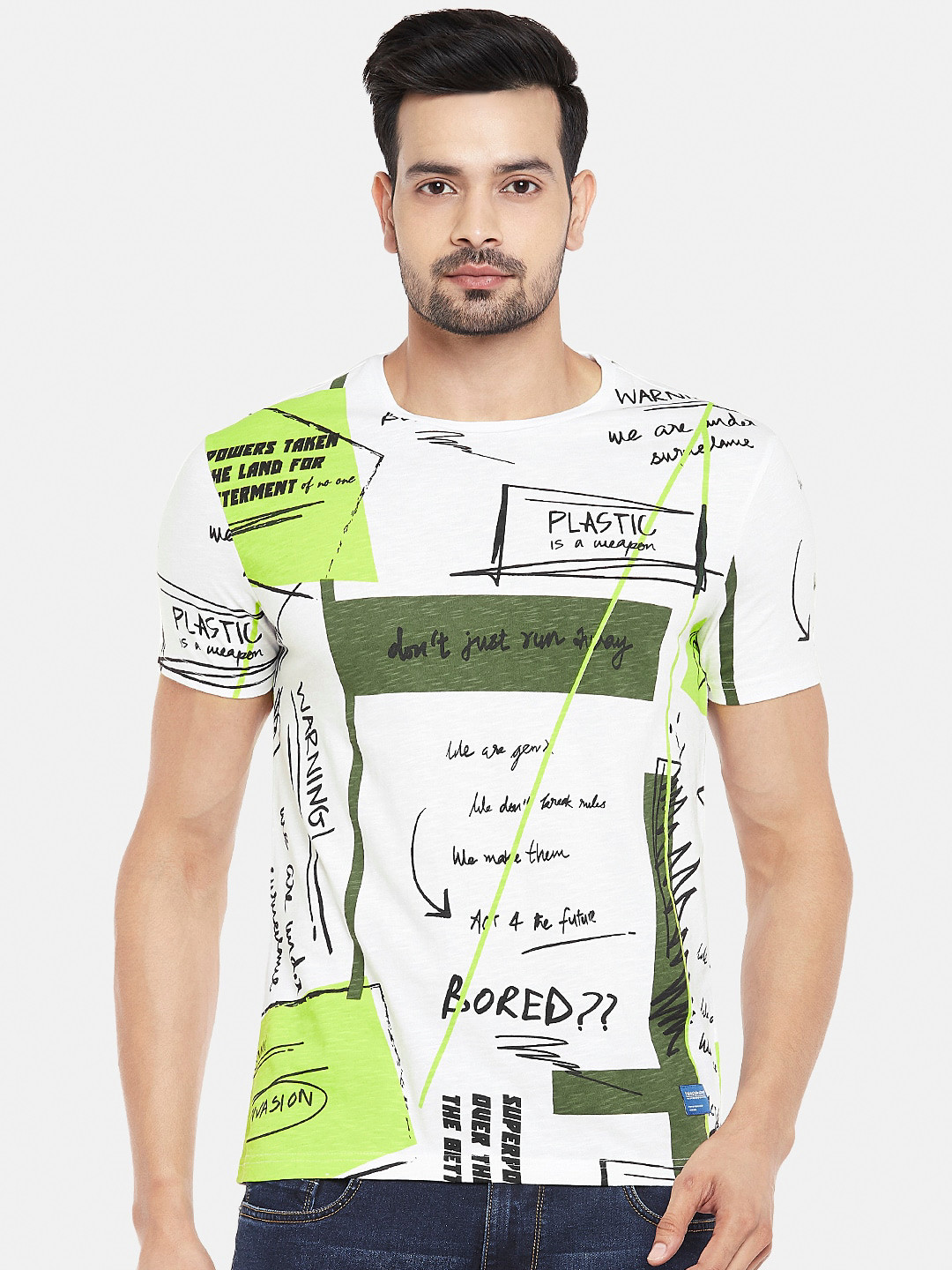 

People Men White Printed Round Neck Pure Cotton T-shirt