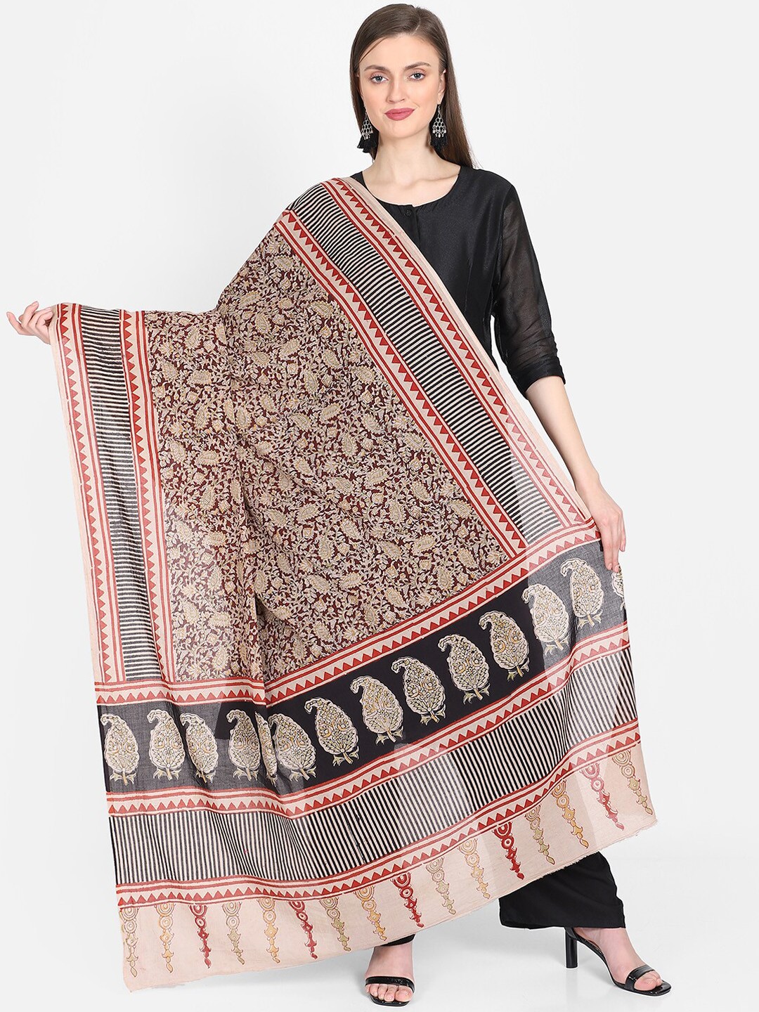

THE WEAVE TRAVELLER Beige & Red Printed Sustainable Dupatta
