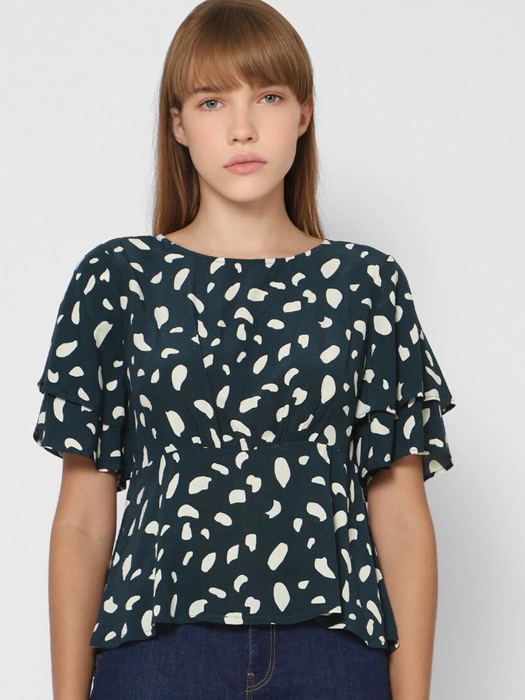 

ONLY Green & White Printed Bell Sleeves Peplum Top