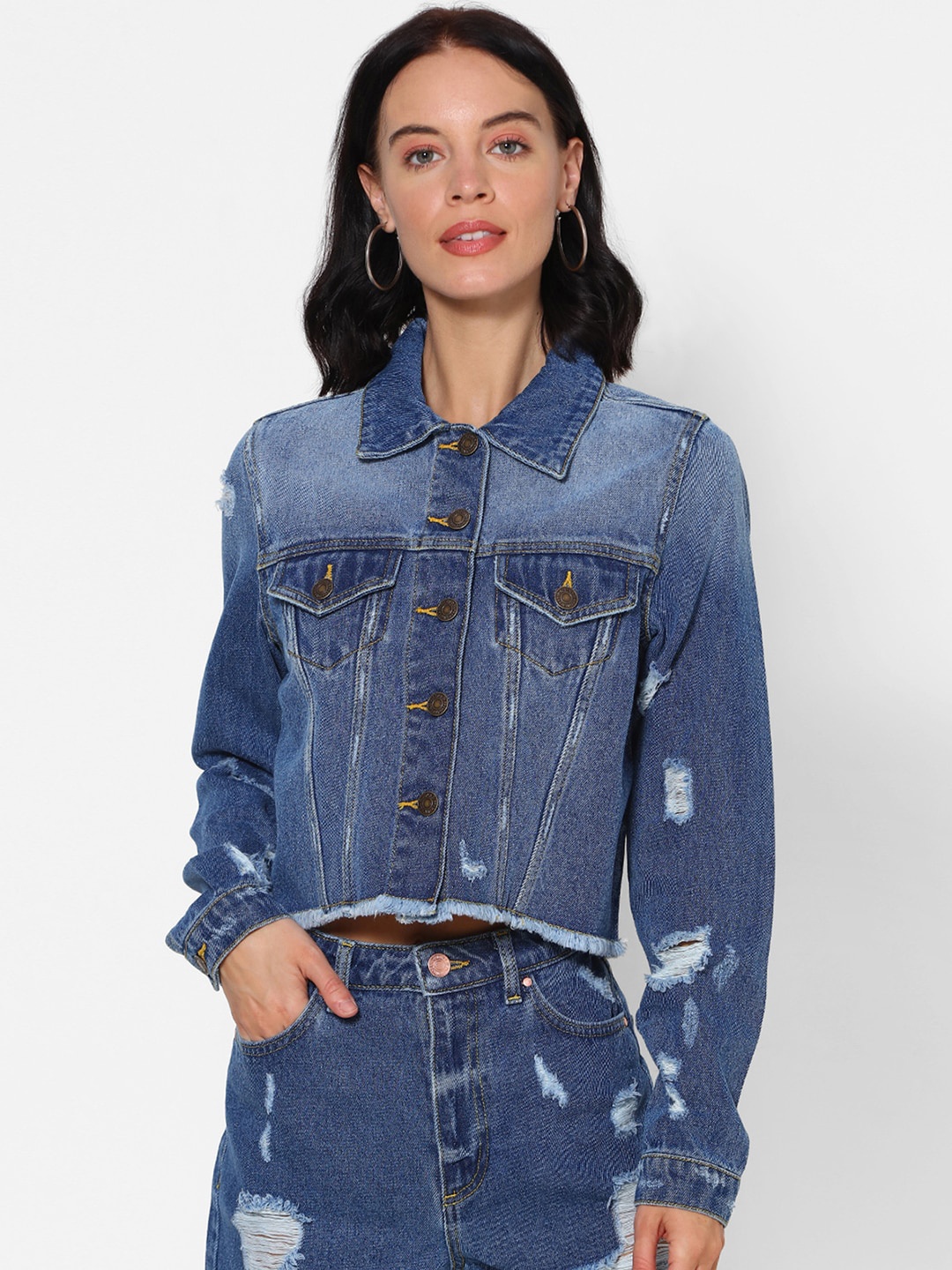 

FOREVER 21 Women Blue Self Design Denim Jacket
