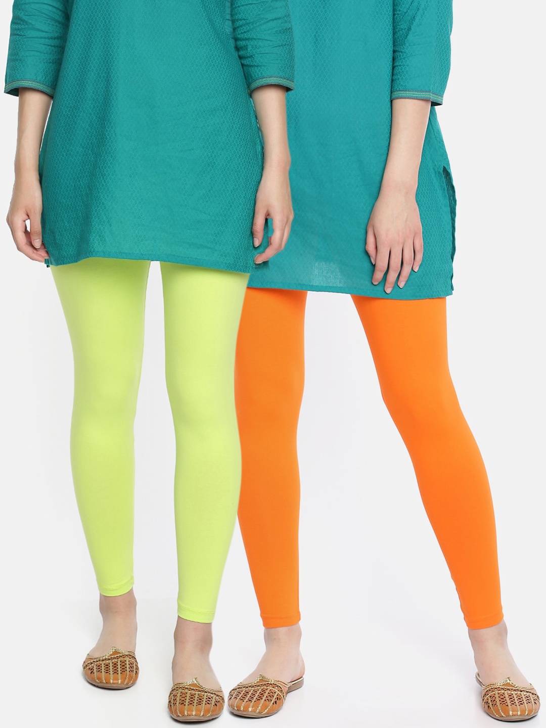 

Dollar Missy Women Pack Of 2 Lime Green & Orange Solid Ankle-Length Leggings
