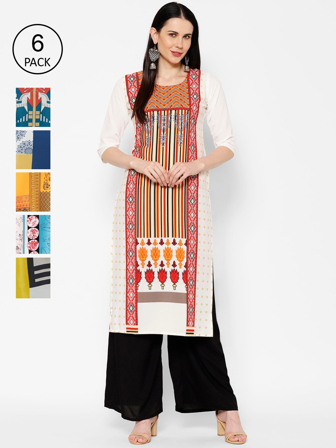 

7Threads Women Multicoloured Ethnic Motifs Printed Crepe Kurta Set of 6, Multi