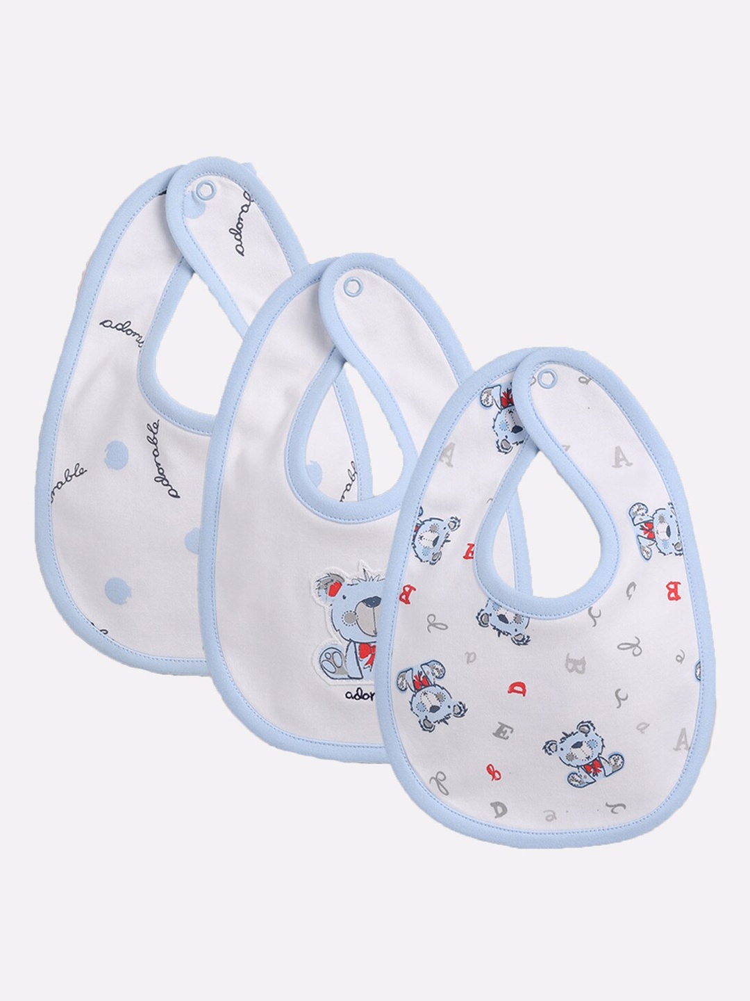 

BABY GO Infant Kids Pack Of 3 White & Blue Printed Cotton Bibs