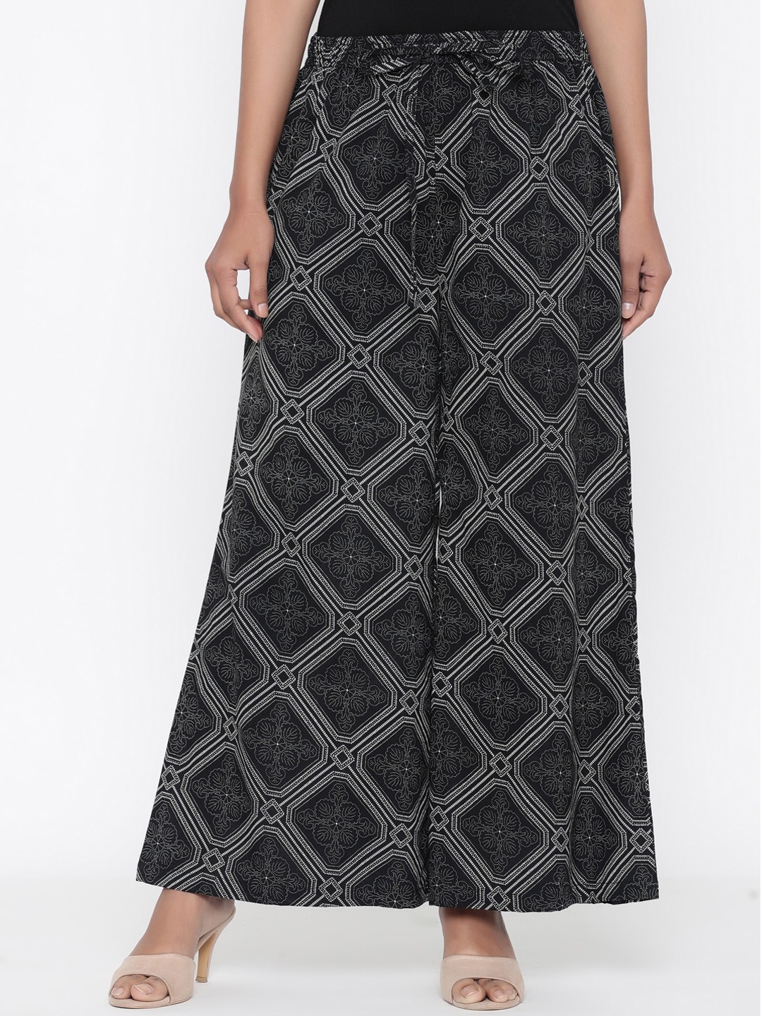 

SOUNDARYA Women Black & White Printed Flared Palazzos