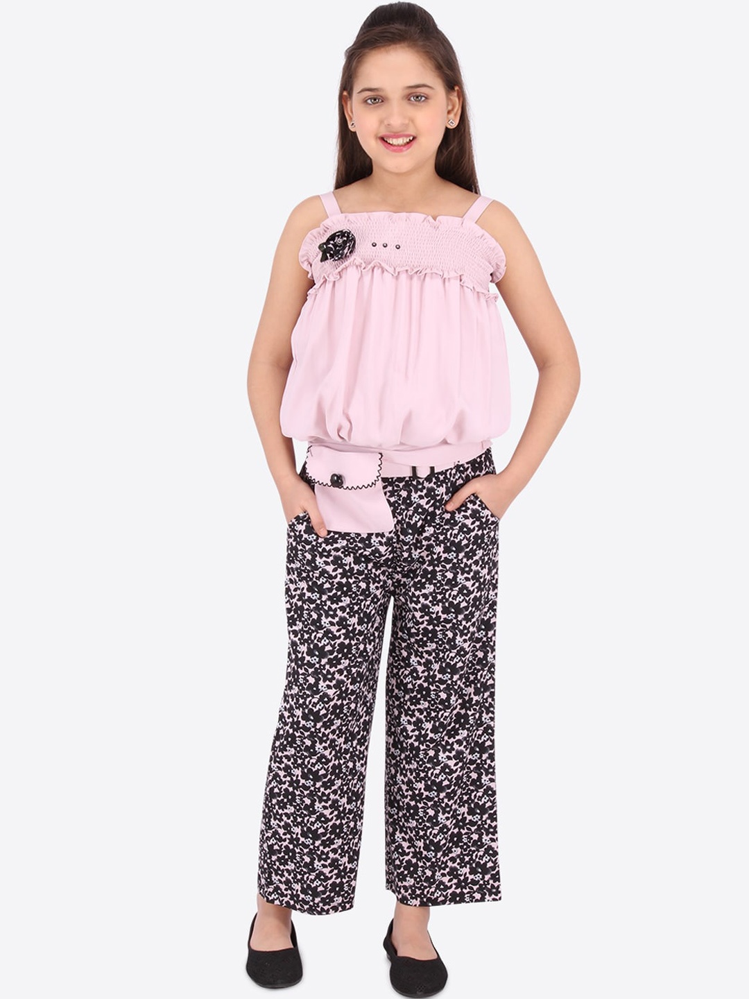 

CUTECUMBER Girls Pink & Black Solid Top with Trousers