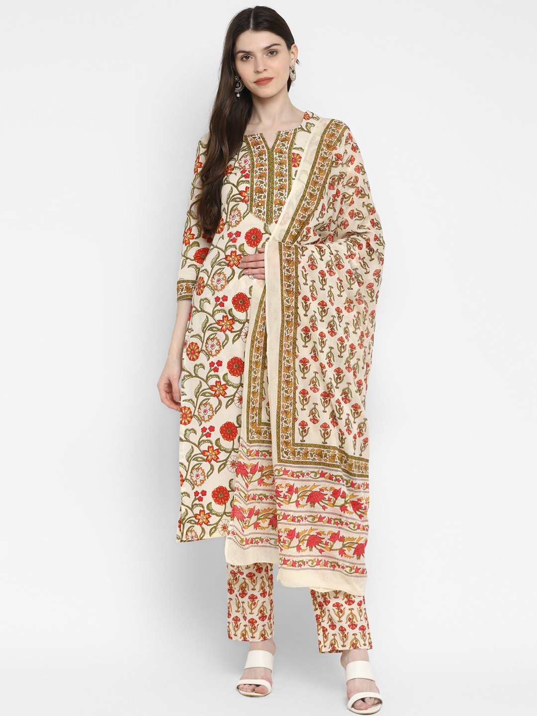 Vbuyz Women Red & Beige Printed Kurta with Trousers & Dupatta