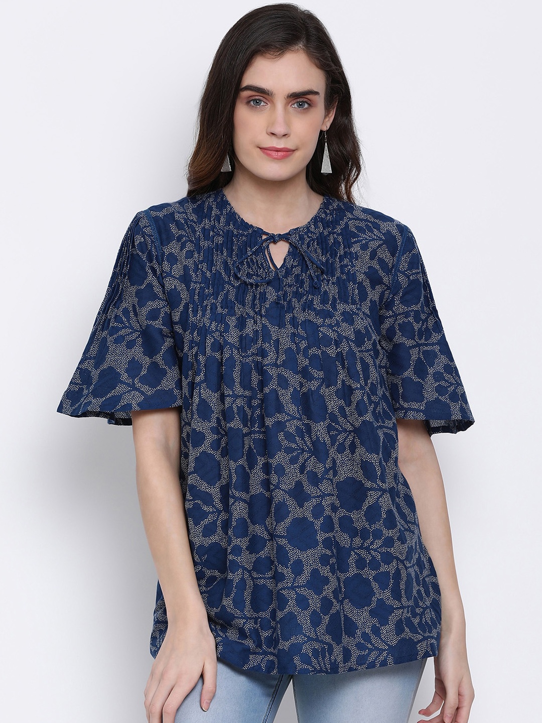Oxolloxo Women's Navy Blue Printed Tie Knot Tunic