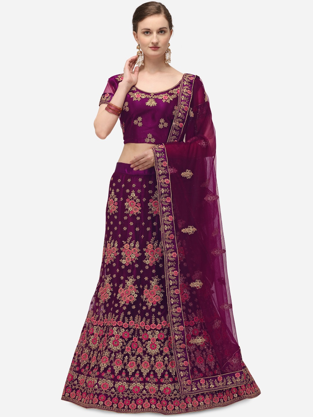 

Netram Purple & Pink Embroidered Semi Stitched Lehenga & Blouse with Dupatta