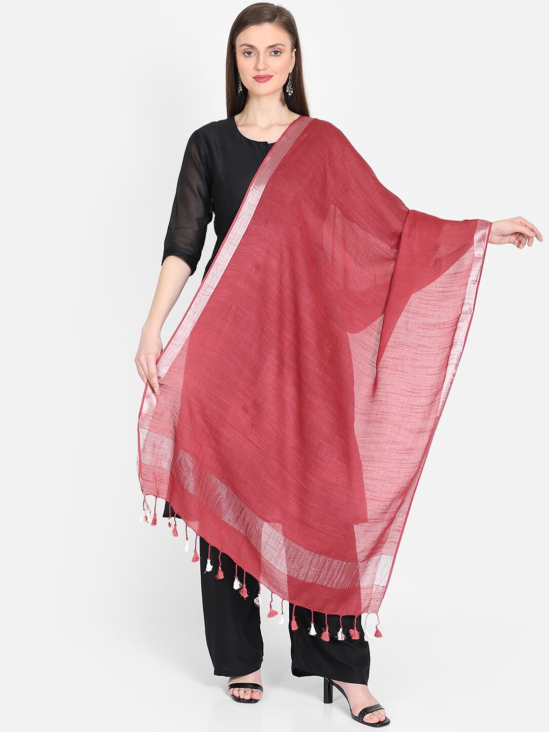 

THE WEAVE TRAVELLER Maroon & White Solid Cotton Blend Dupatta