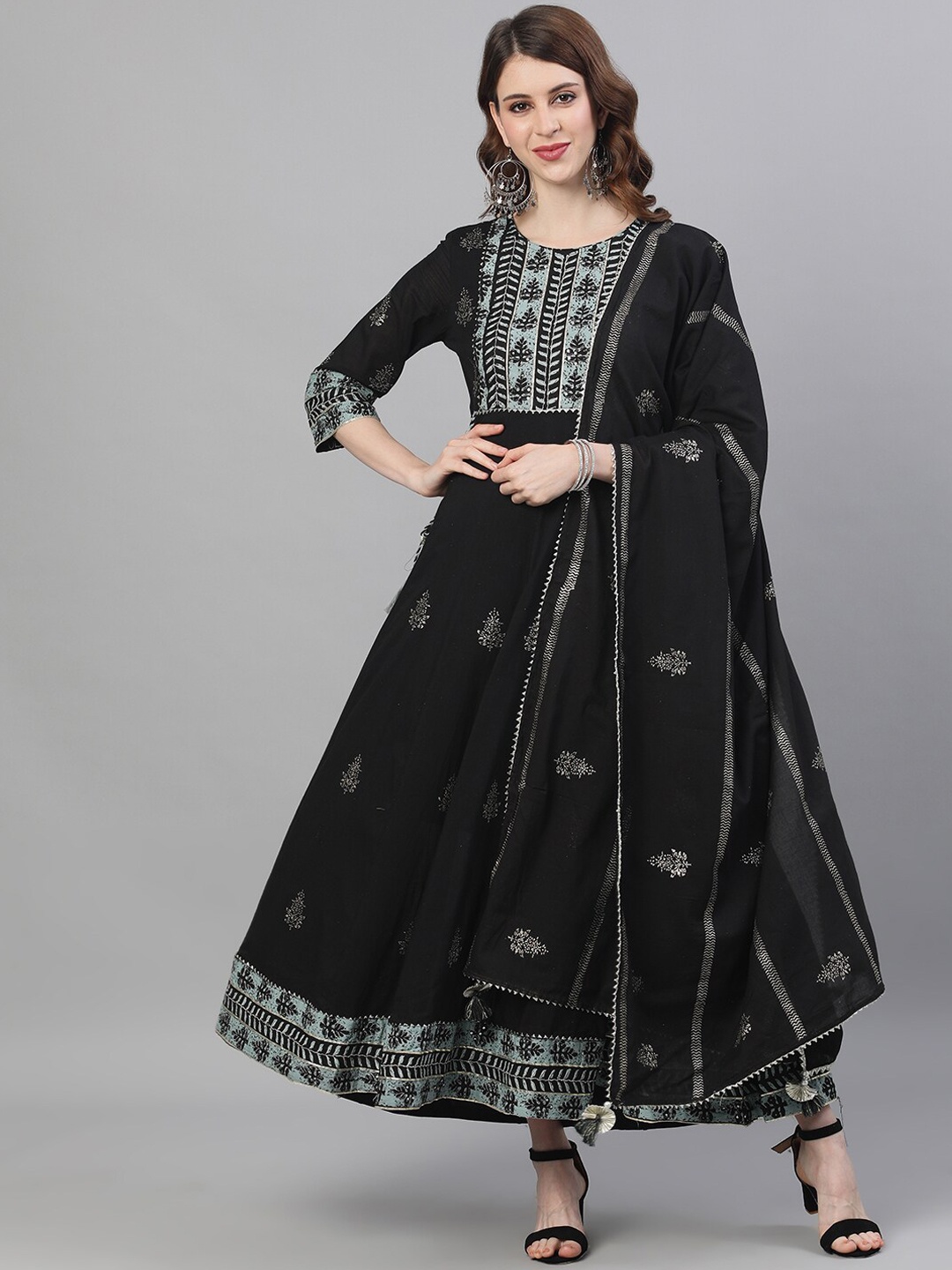 

Ishin Women's Black Embroidered Anarkali Kurta With Dupatta