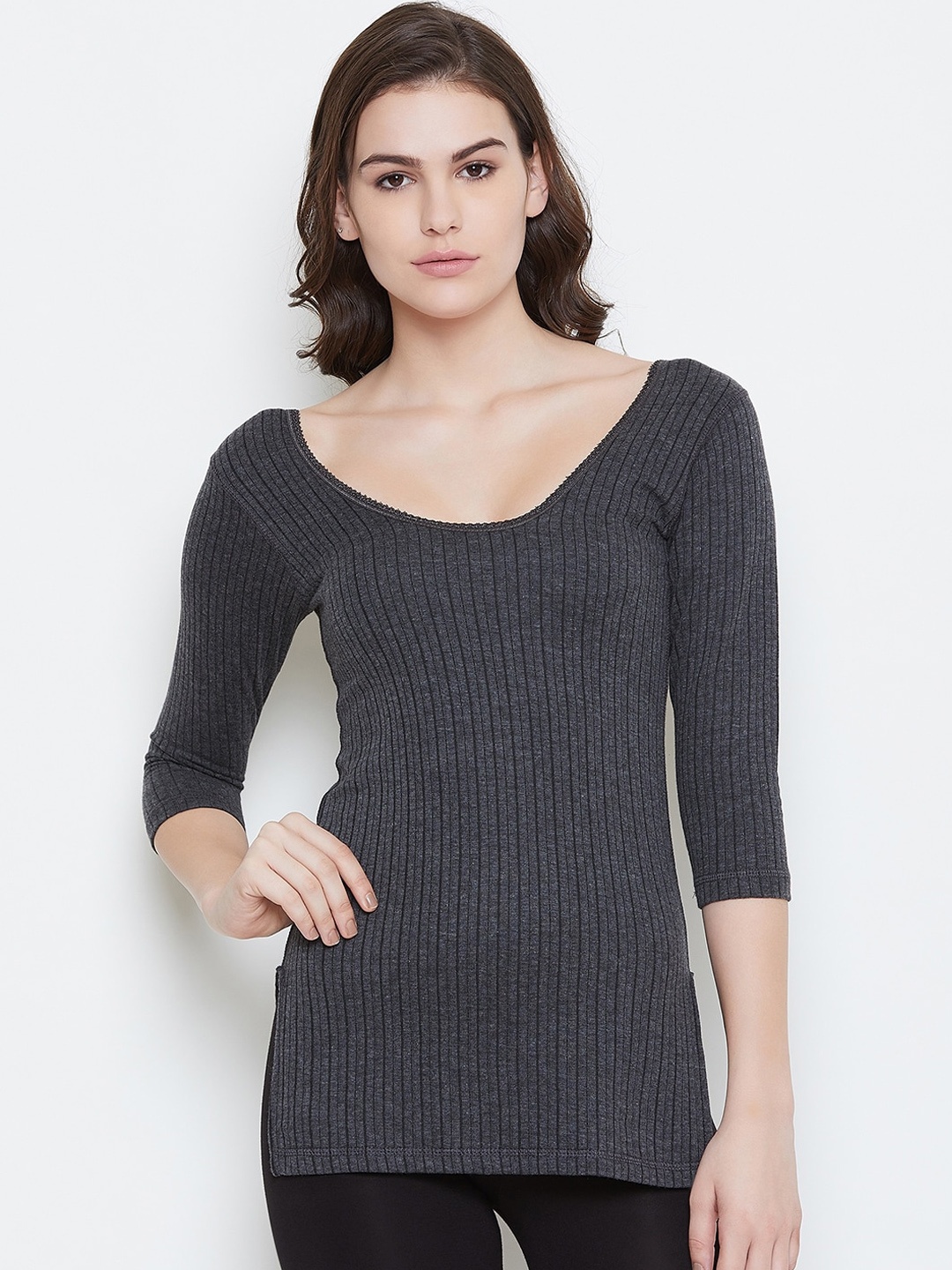 

NEVA Women Charcoal Grey Striped Slim-Fit Thermal Top