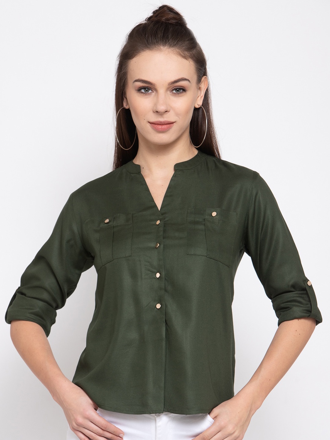 

Style Quotient Women Olive Green Boxy Solid Casual Shirt