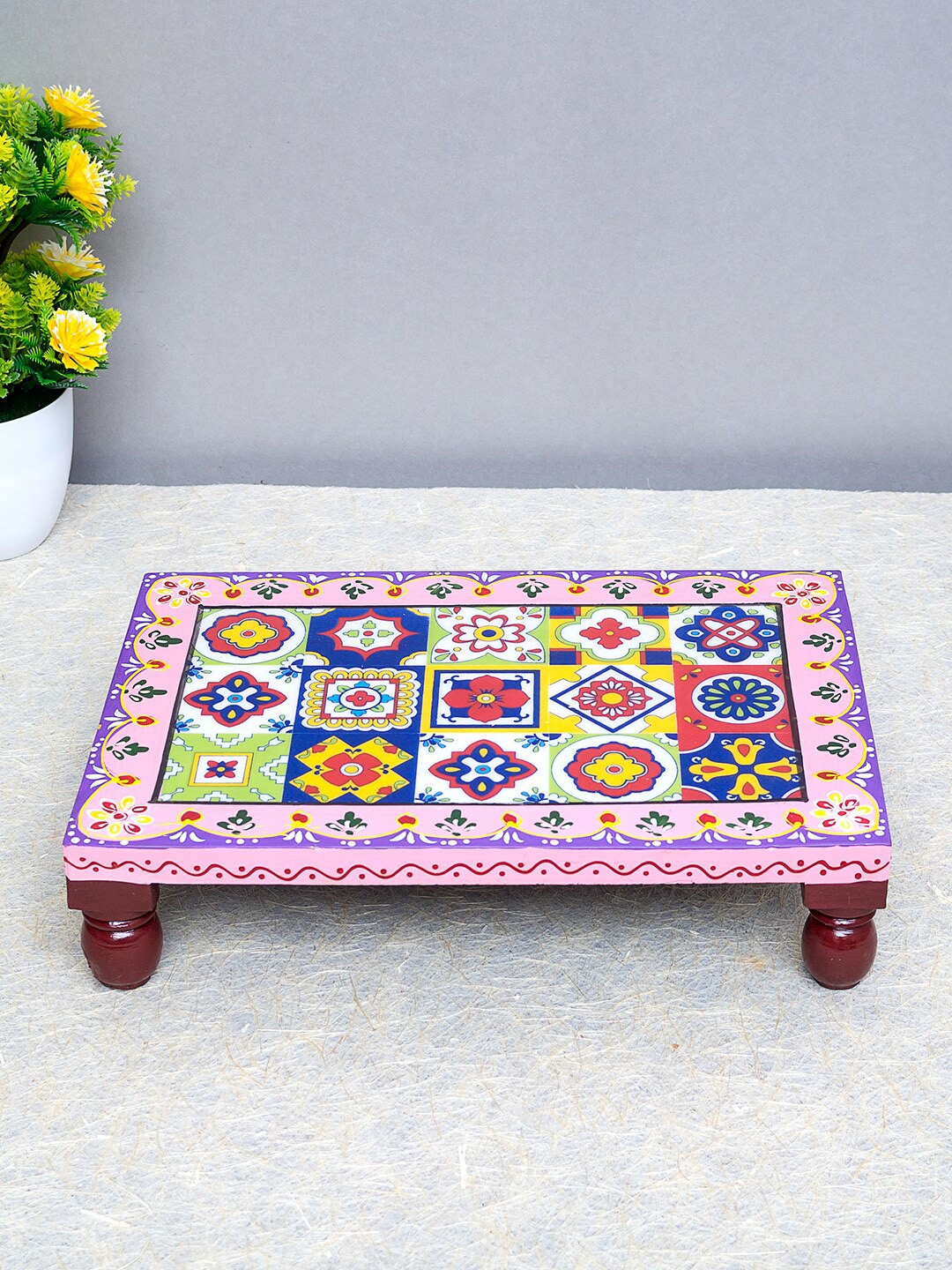 

Golden Peacock Pink & Blue Hand Painted Wooden Pooja Chowki