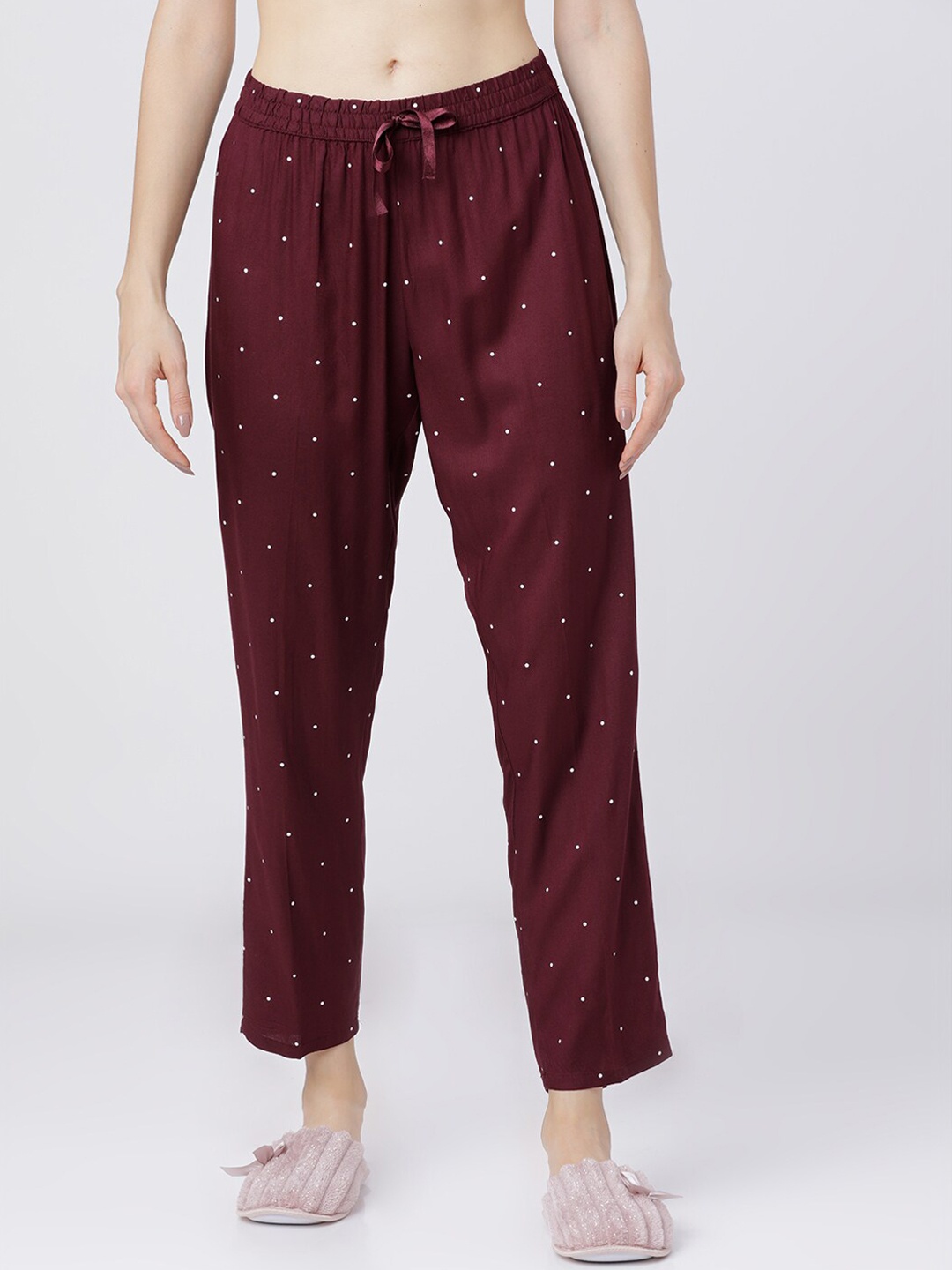 

Tokyo Talkies Women Burgundy & White Polka Dot Printed Lounge Pants