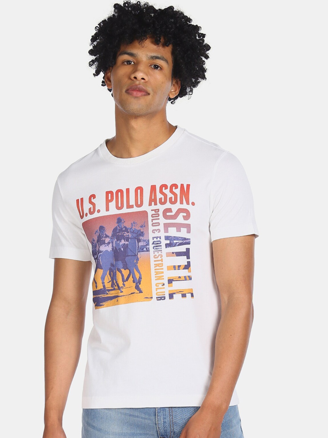 

U.S. Polo Assn. Denim Co. Men White & Orange Printed Round Neck T-shirt