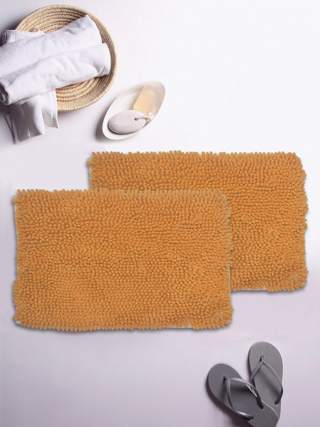 

BIANCA Set Of 2 Yellow Mushroom Textured Shaggy Anti-Skid Bath Rugs