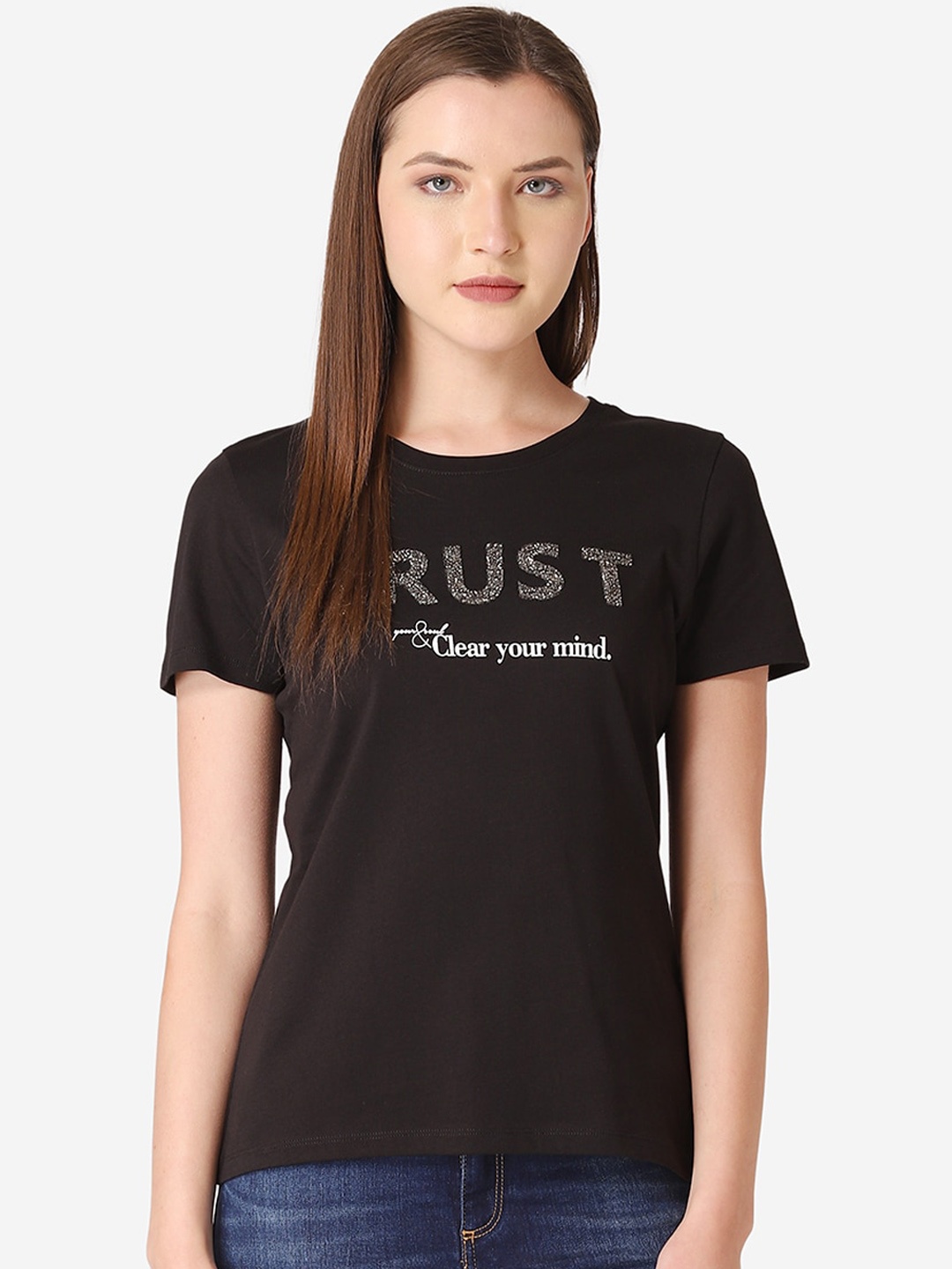 

Mode by Red Tape Women Black Printed Round Neck T-shirt