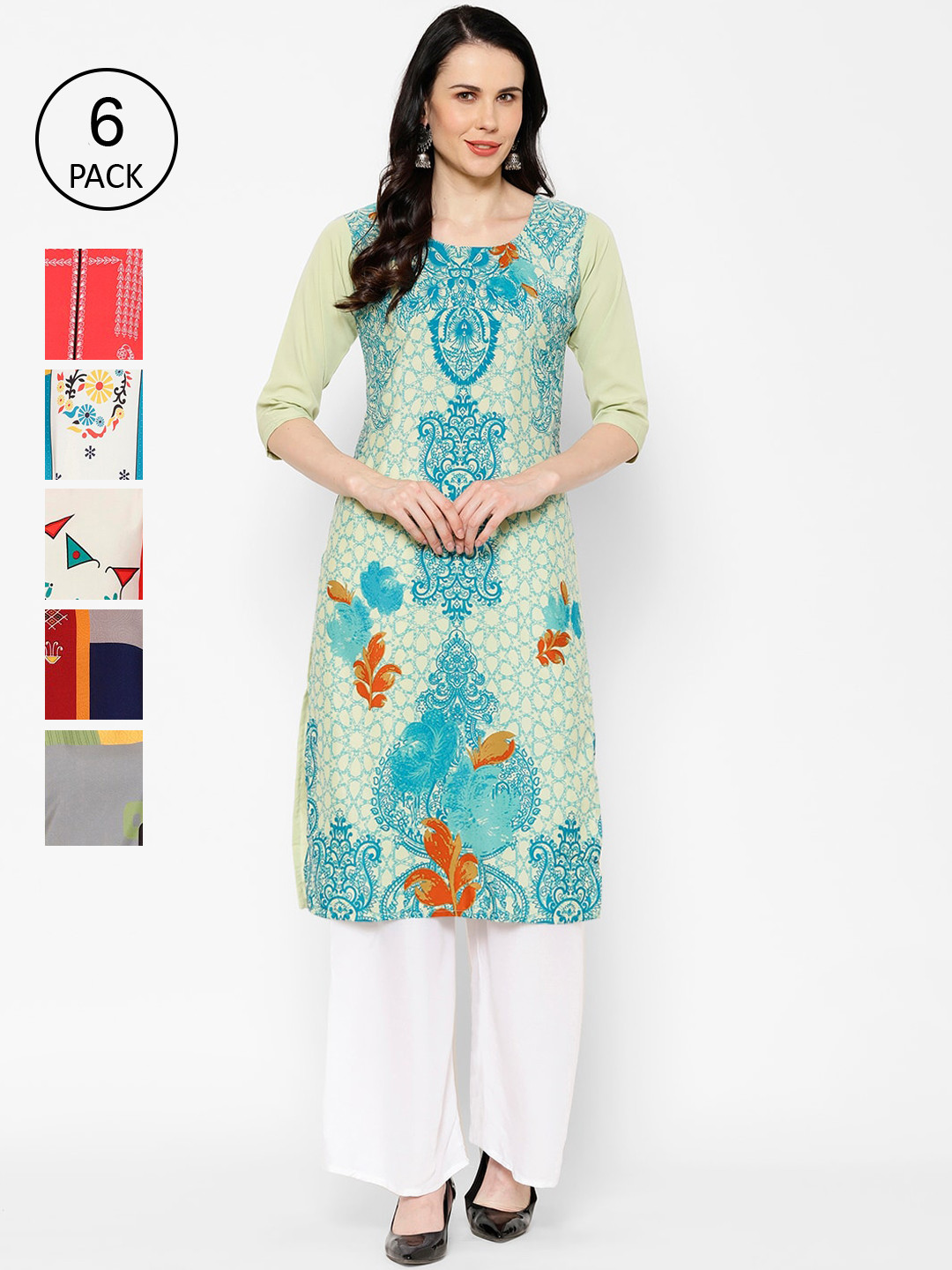 

7Threads Women Pack Of 6 Printed Crepe Kurta, Multi