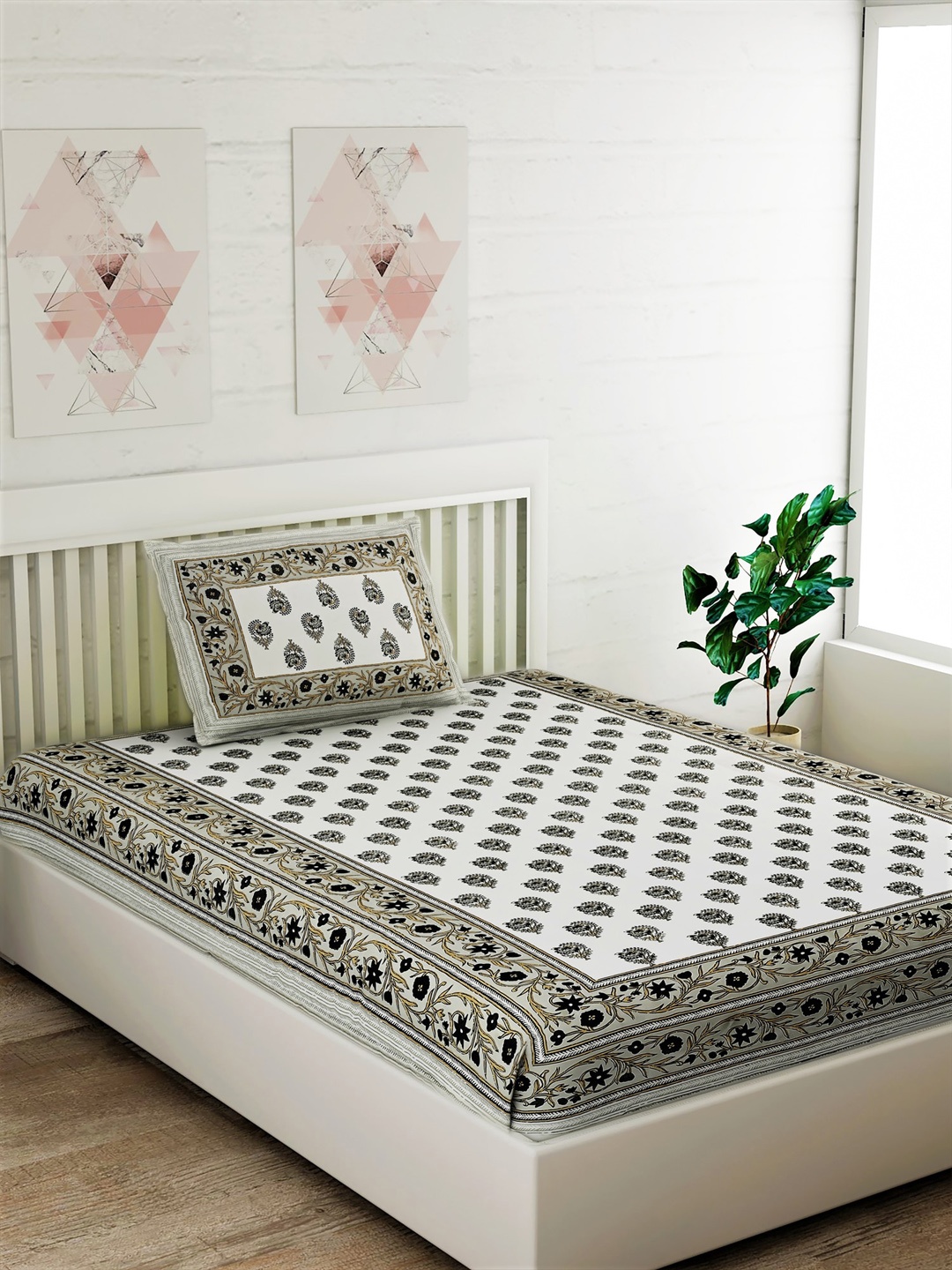 

Salona Bichona Grey & Off-White Ethnic Motifs 120 TC Cotton 1 Single Bedsheet with 1 Pillow Covers