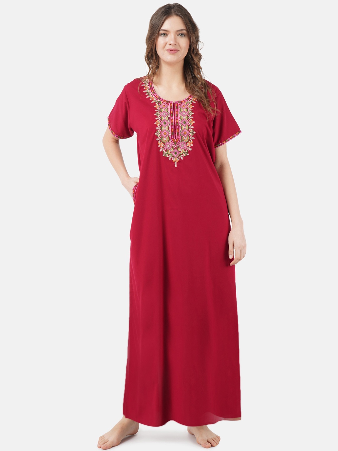 

KOI SLEEPWEAR Maroon Embroidered Lissybissy Cotton Maxi Nightdress