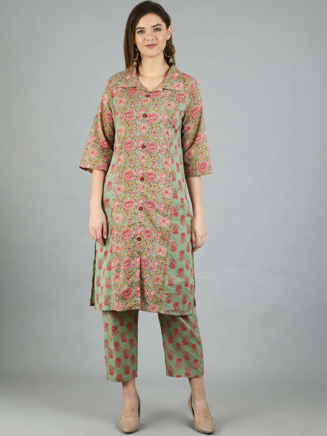 

Myshka Women Green & Pink Printed Kurta with Trousers