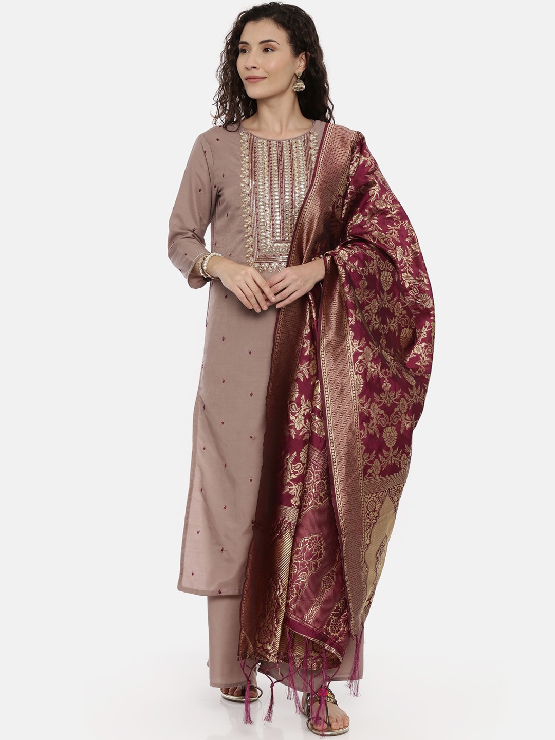 

Neerus Women Mauve & Maroon Embroidered Kurta with Trousers & Dupatta