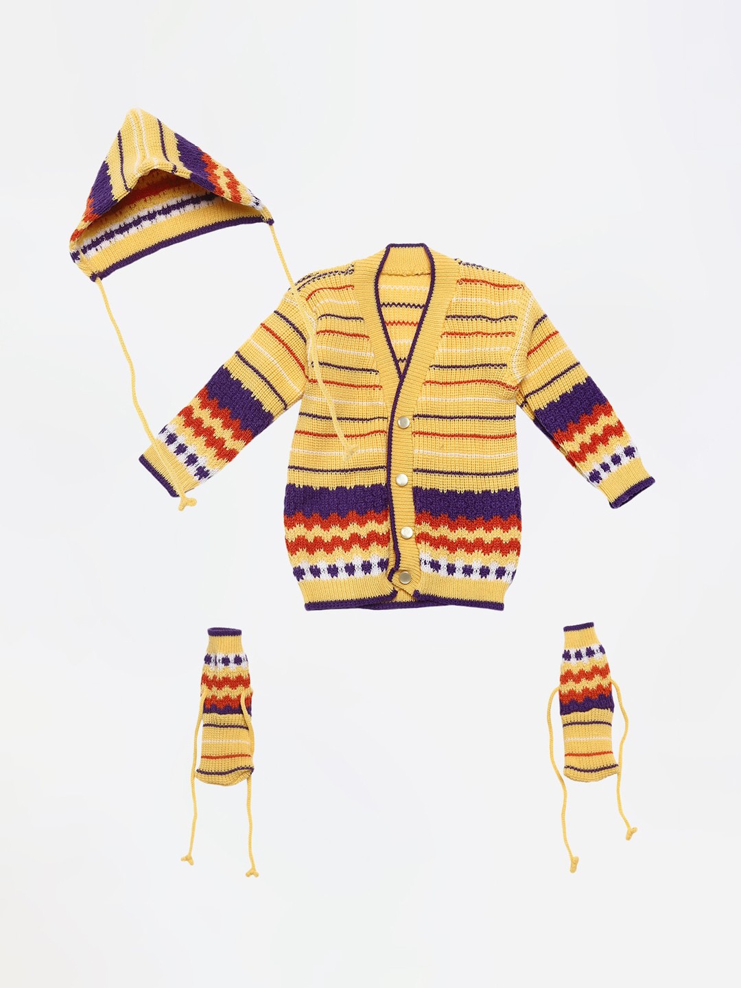 

FABNEST Unisex Kids Yellow Striped Cardigan Sweater With Cap And Socks