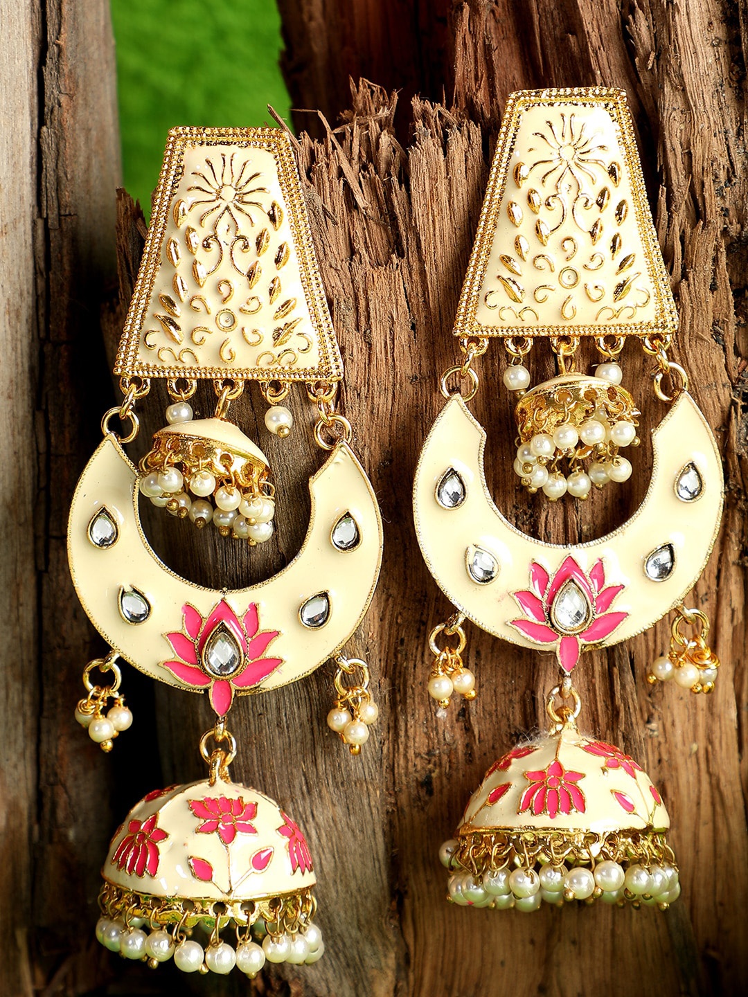 ANIKAS CREATION Off-White & Pink Gold-Plated Dome Shaped Jhumkas