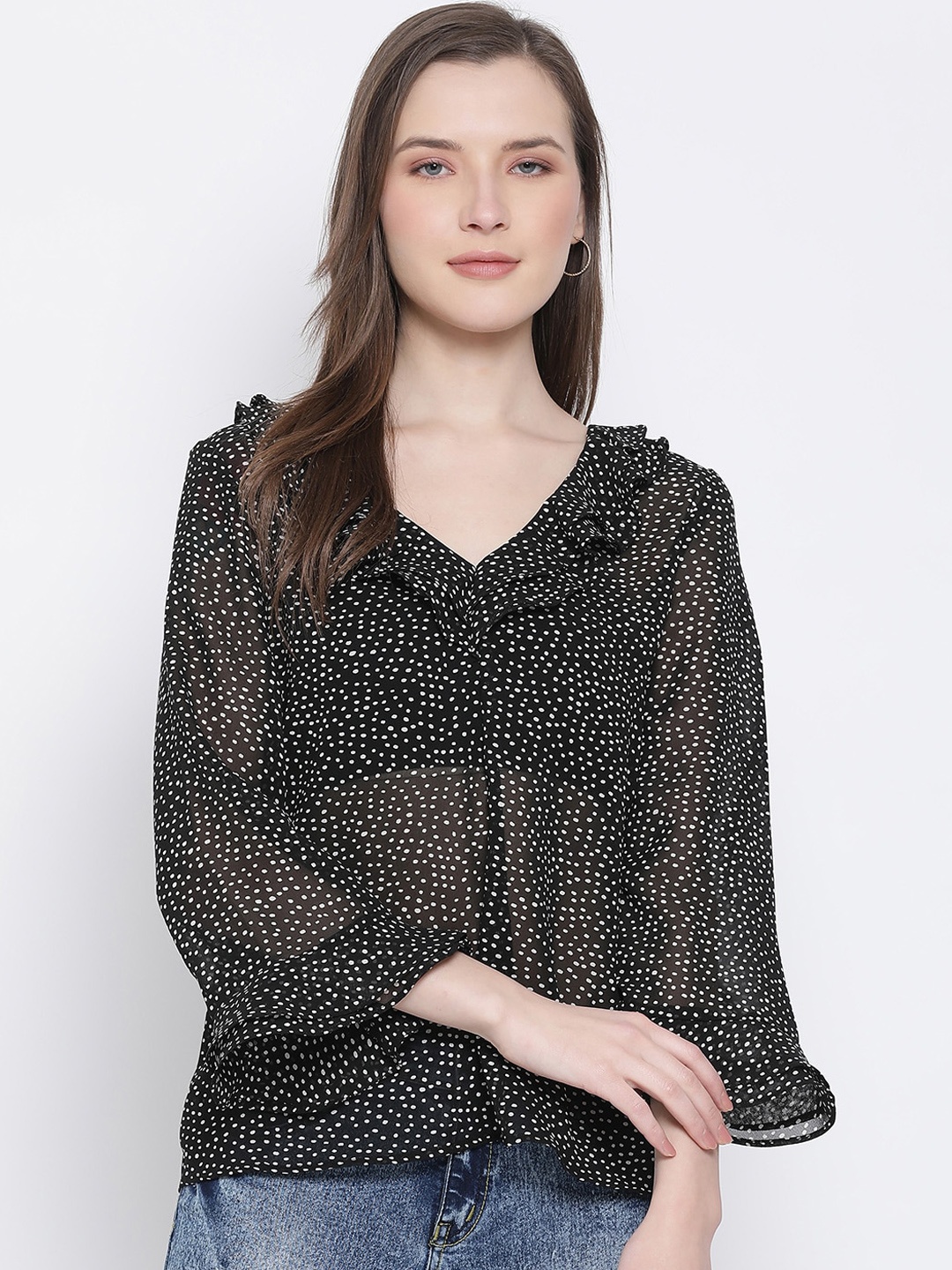 

Oxolloxo Black Printed Flared Sleeves Semi-Sheer Top