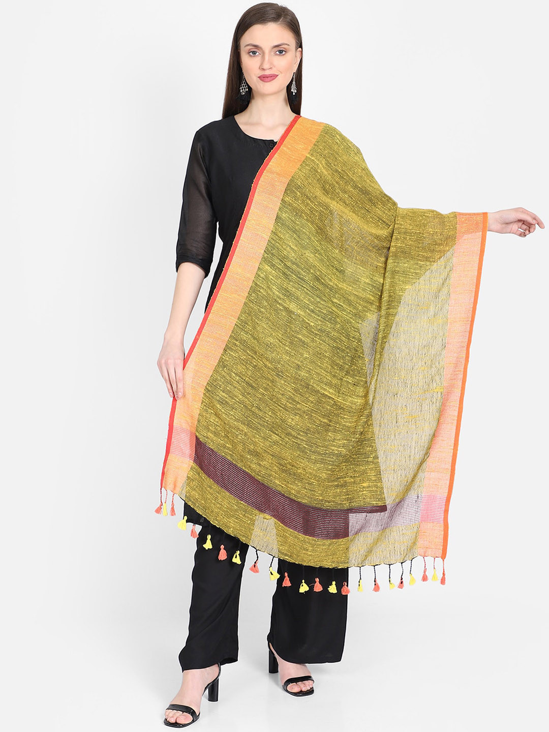 

THE WEAVE TRAVELLER Green & Orange Solid Cotton Dupatta