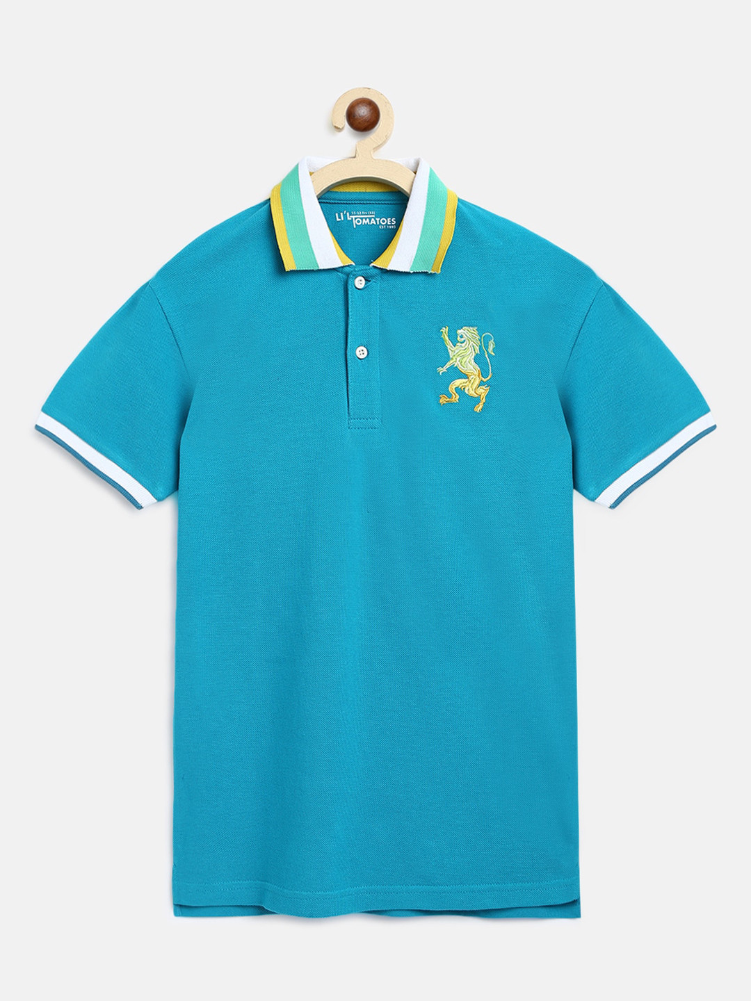 

Lil Tomatoes Boys Turquoise Blue Solid Polo Collar T-shirt With A Pen