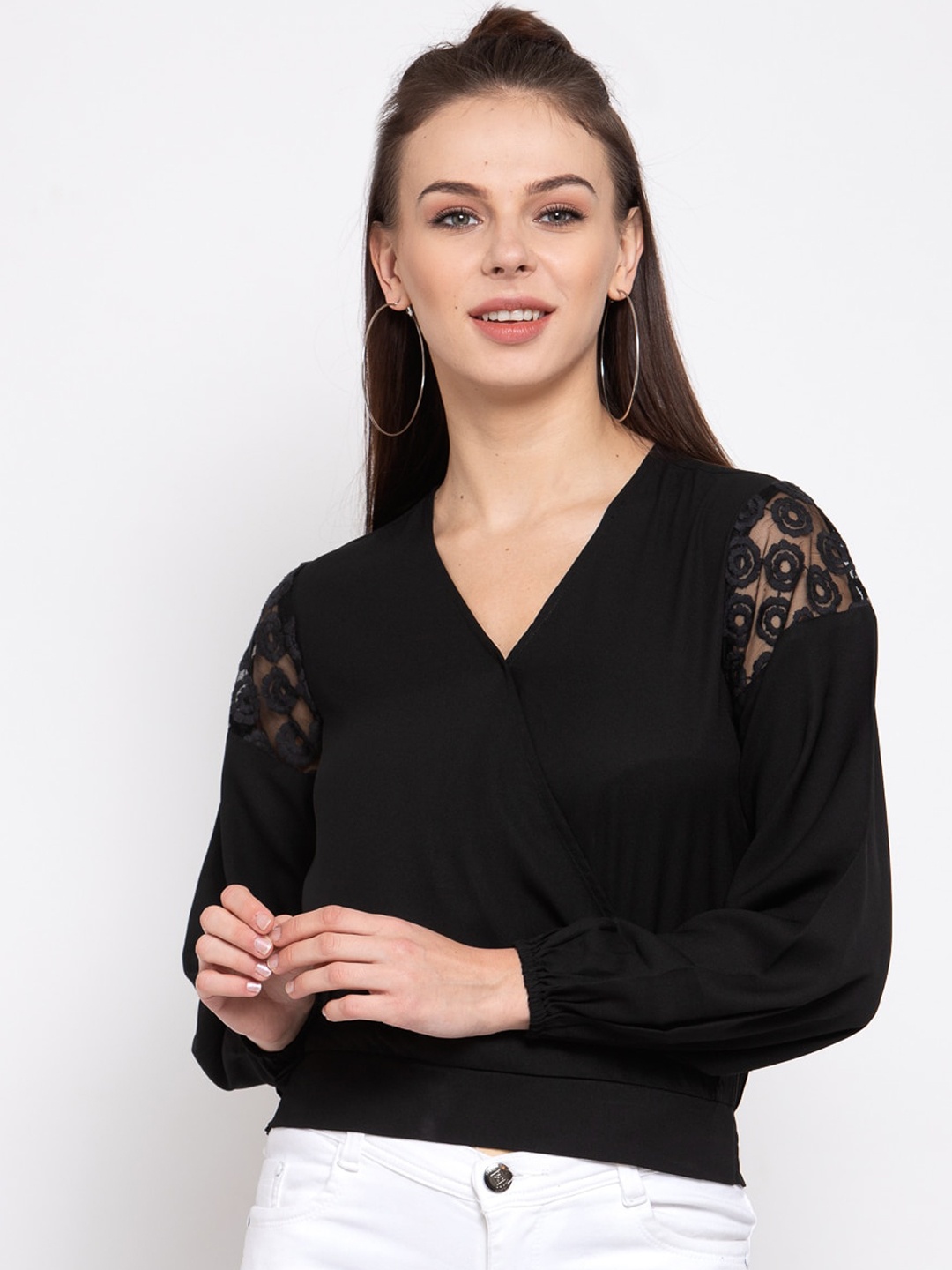 

Style Quotient Black Puff Sleeves Crepe Wrap Top