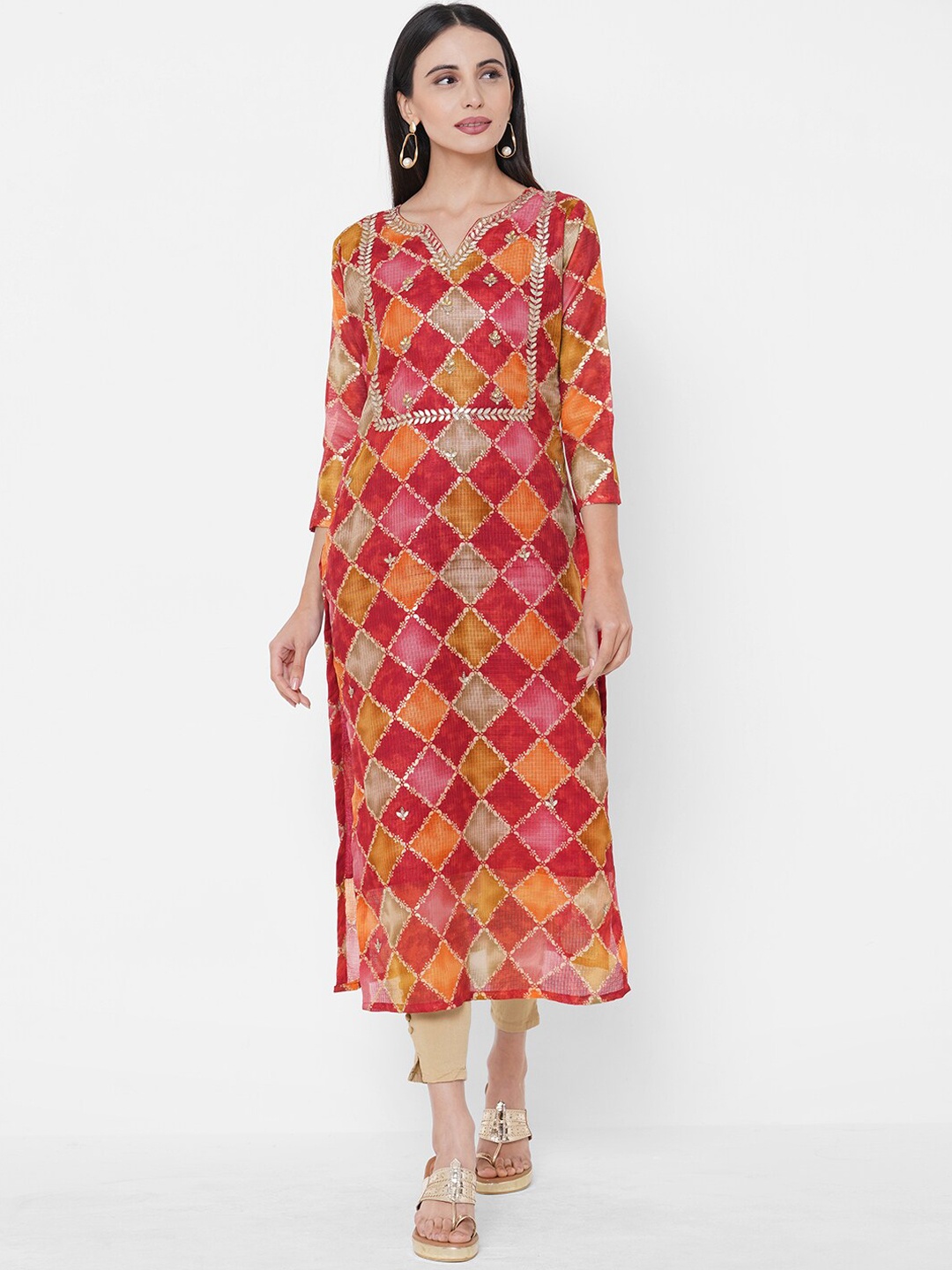 

FASHOR Women Red Geometric Printed Kurta