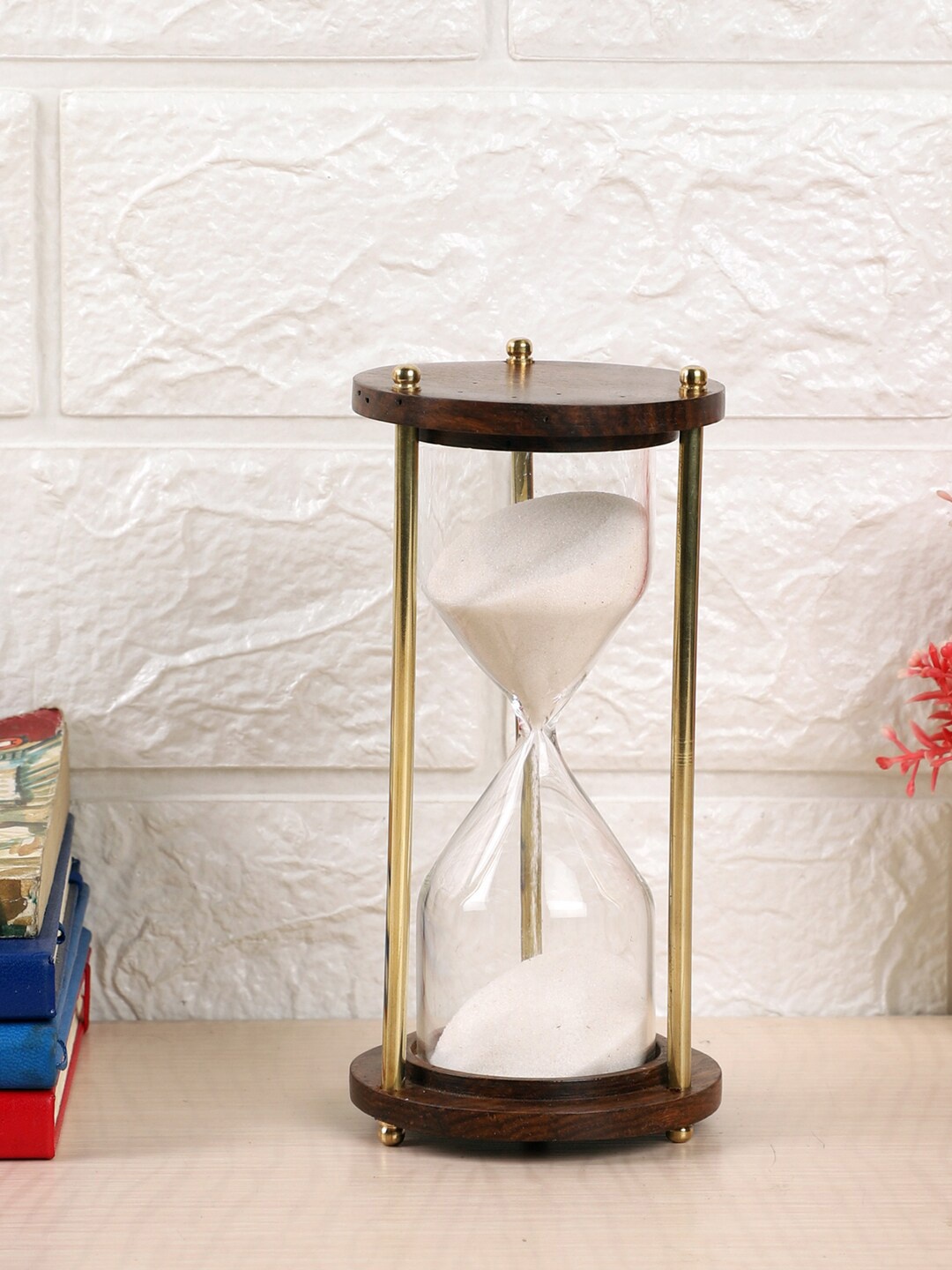 

EXIM DECOR Gold-Toned & Brown Brass & Wood Sand Timer Showpiece