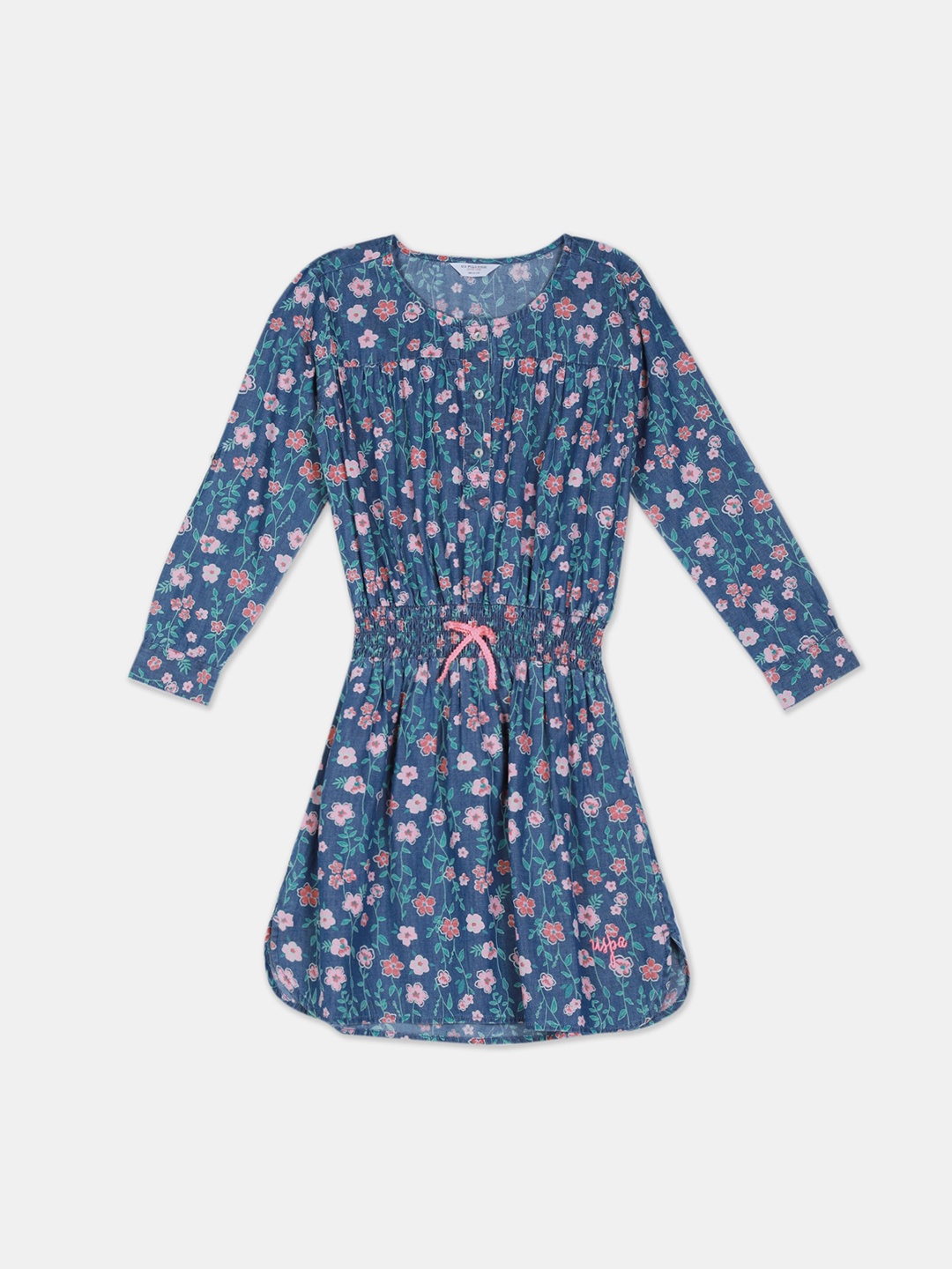 

U.S. Polo Assn. Kids Girls Blue & Pink Floral Printed Denim Blouson Dress