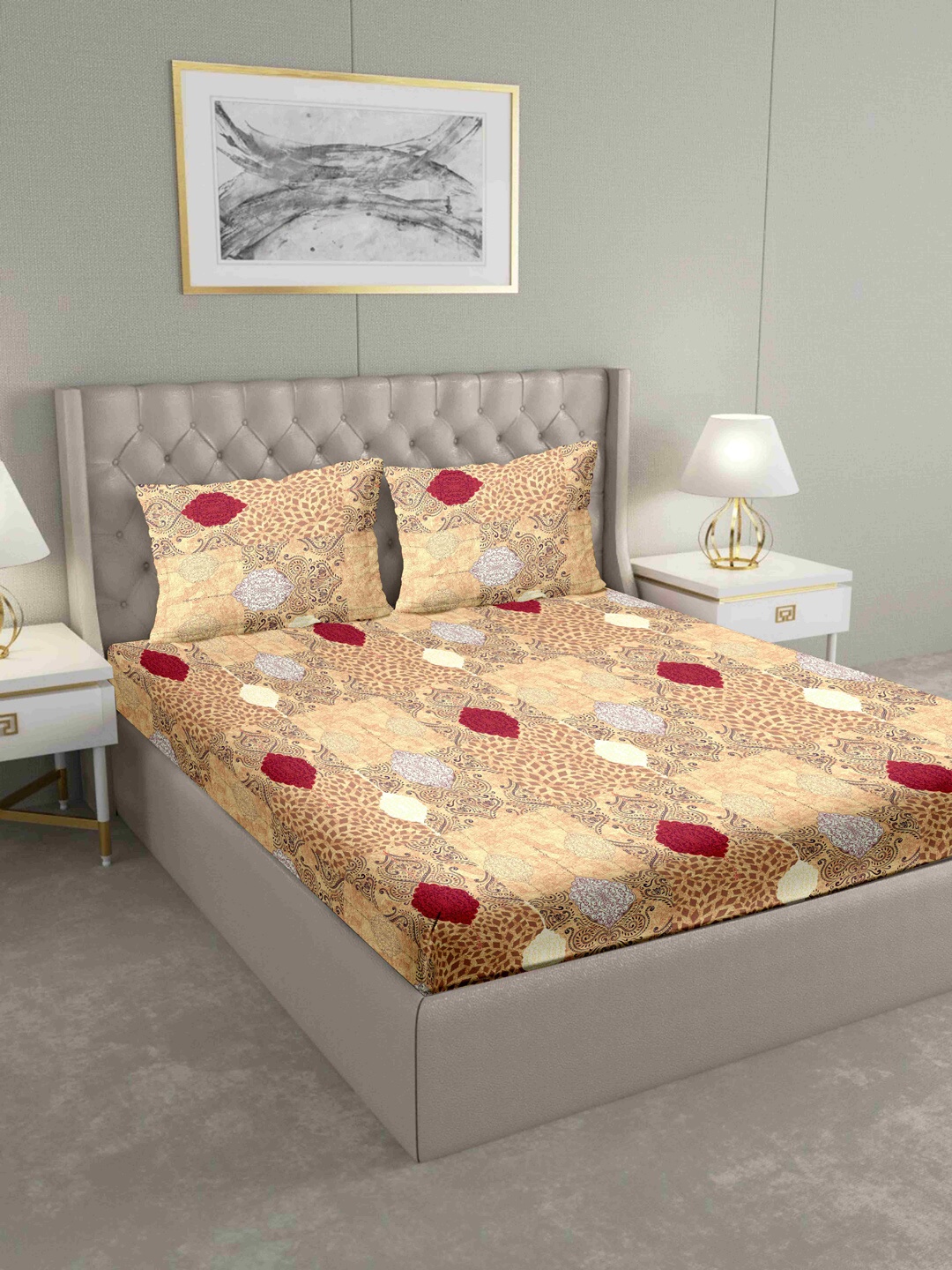 

BELLA CASA Yellow & Brown Ethnic Motifs 160 TC Cotton 1 King Bedsheet with 2 Pillow Covers