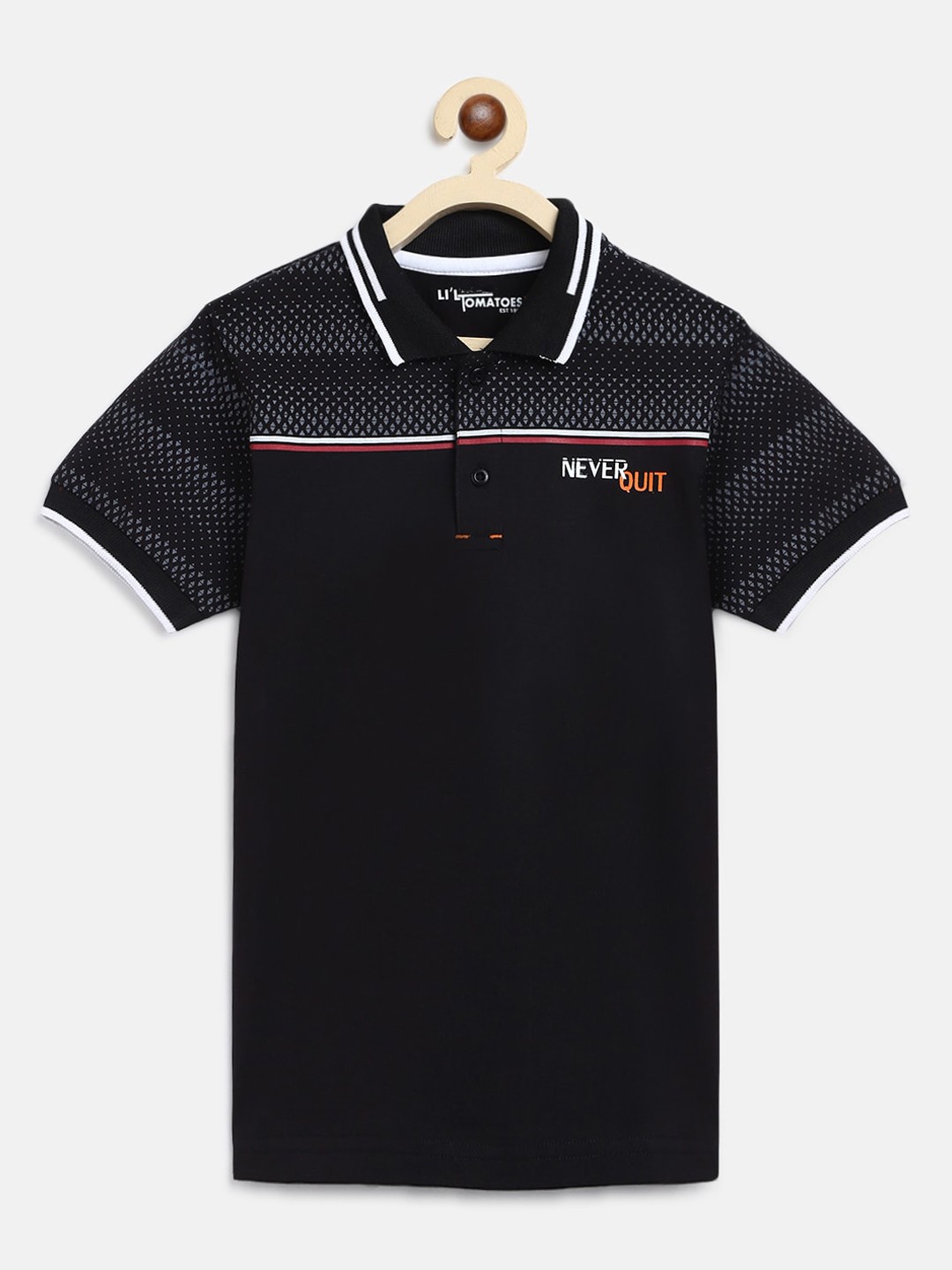 

Lil Tomatoes Boys Black Solid Polo Collar T-shirt With A Pen