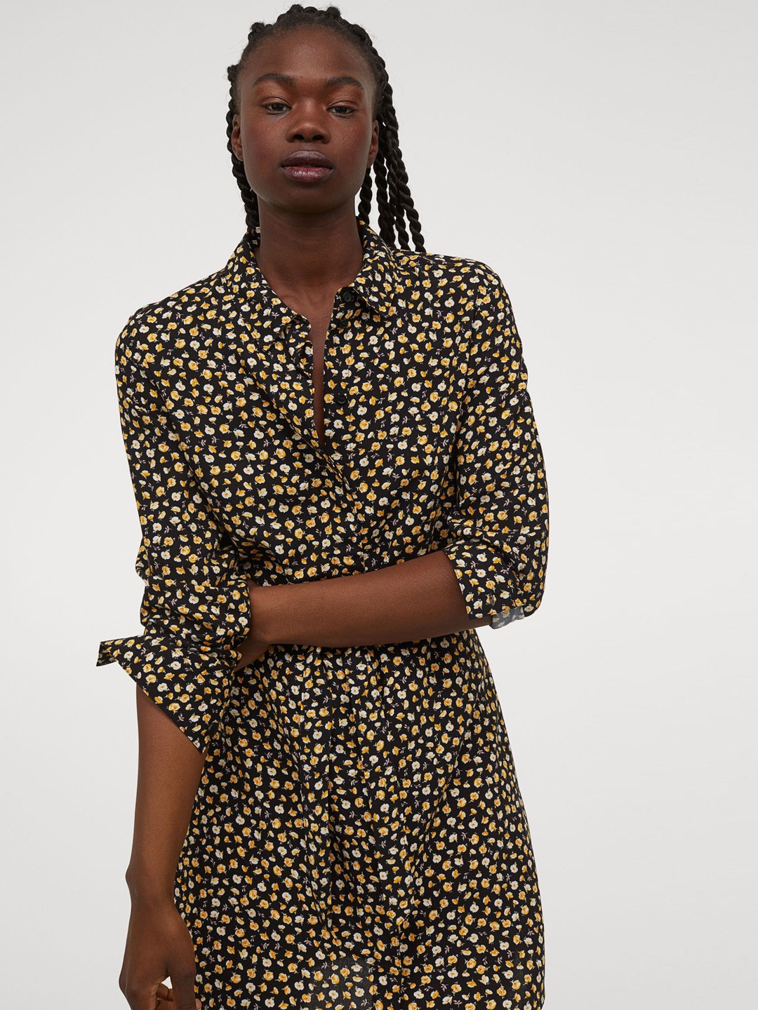 

H&M Women Black & Yellow Printed Shirt Dress With A Tie Belt