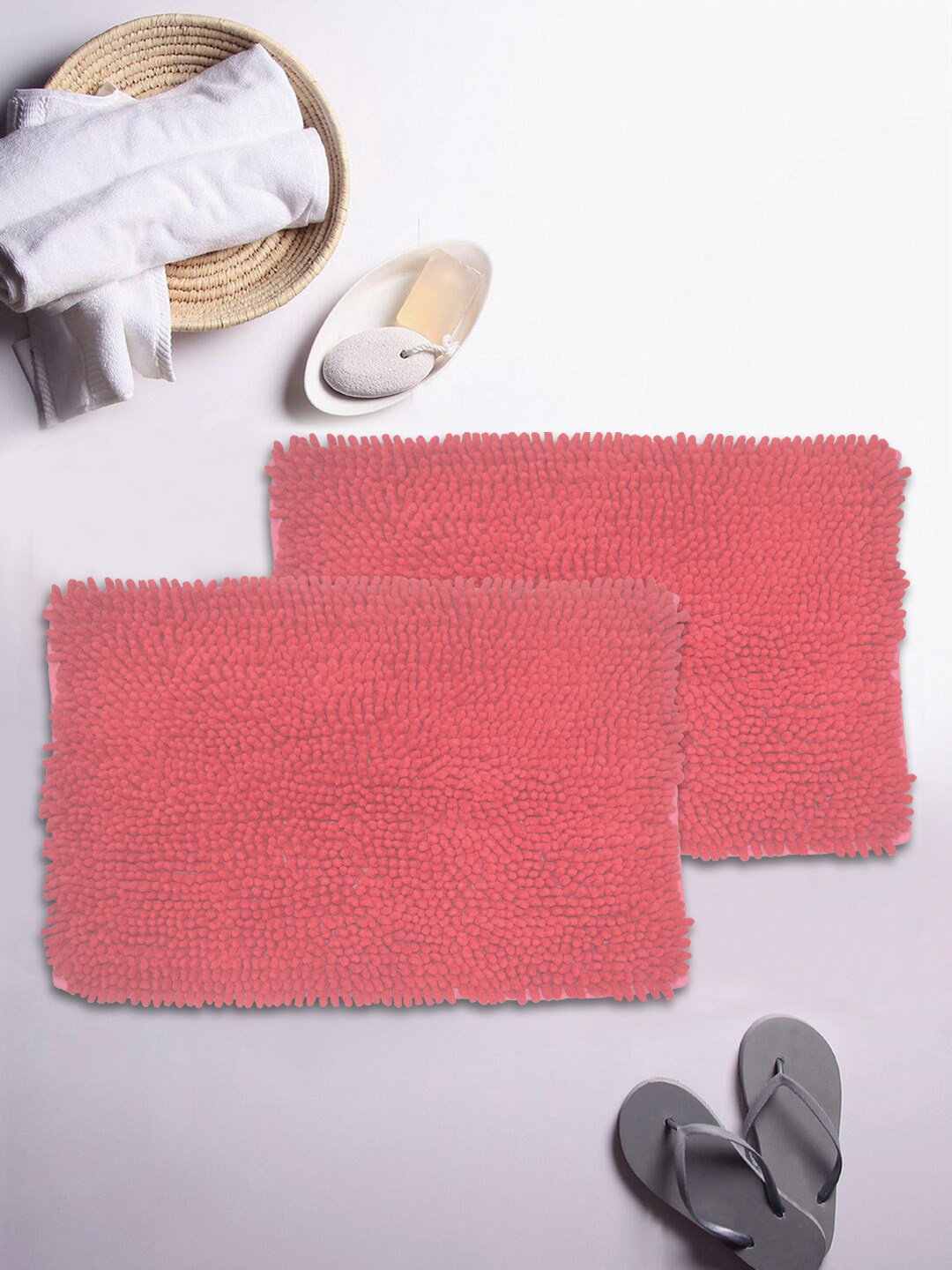 

BIANCA Set Of 2 Mushroom Texture Non-Slip Shaggy Bath Rugs, Coral
