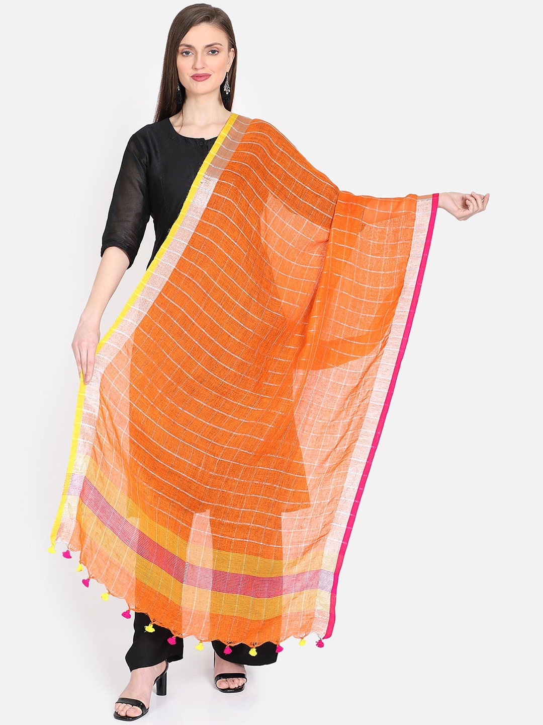 

THE WEAVE TRAVELLER Orange & Pink Checked Dupatta