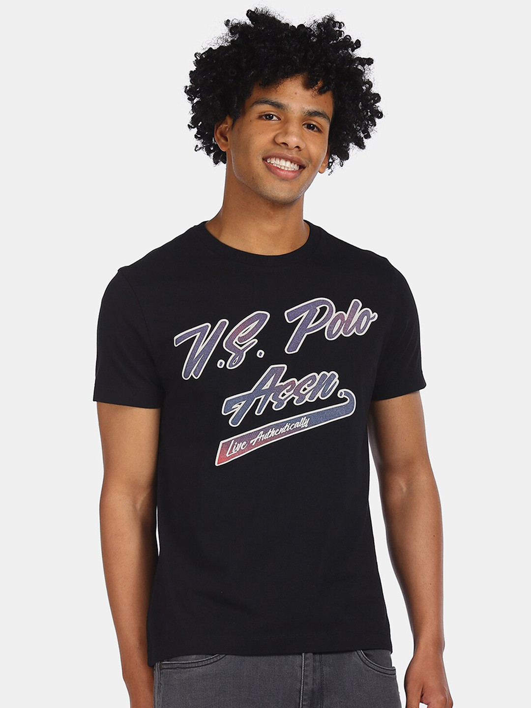 

U.S. Polo Assn. Denim Co. Men Black & Blue Printed Round Neck T-shirt