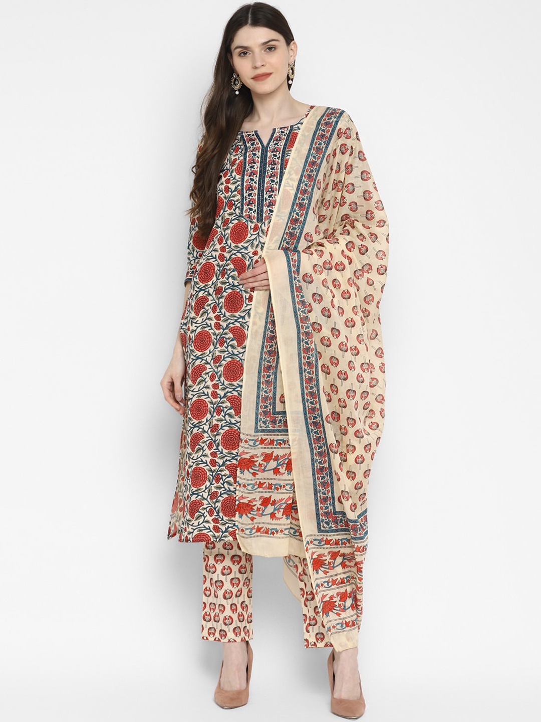 

Vbuyz Women Beige & Red Printed Kurta with Trousers & Dupatta