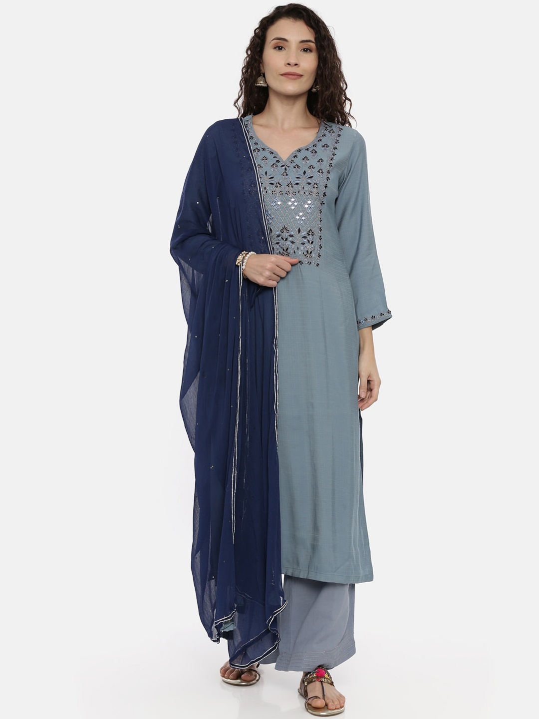 

Neerus Women Blue Embroidered Kurta with Palazzos & Dupatta