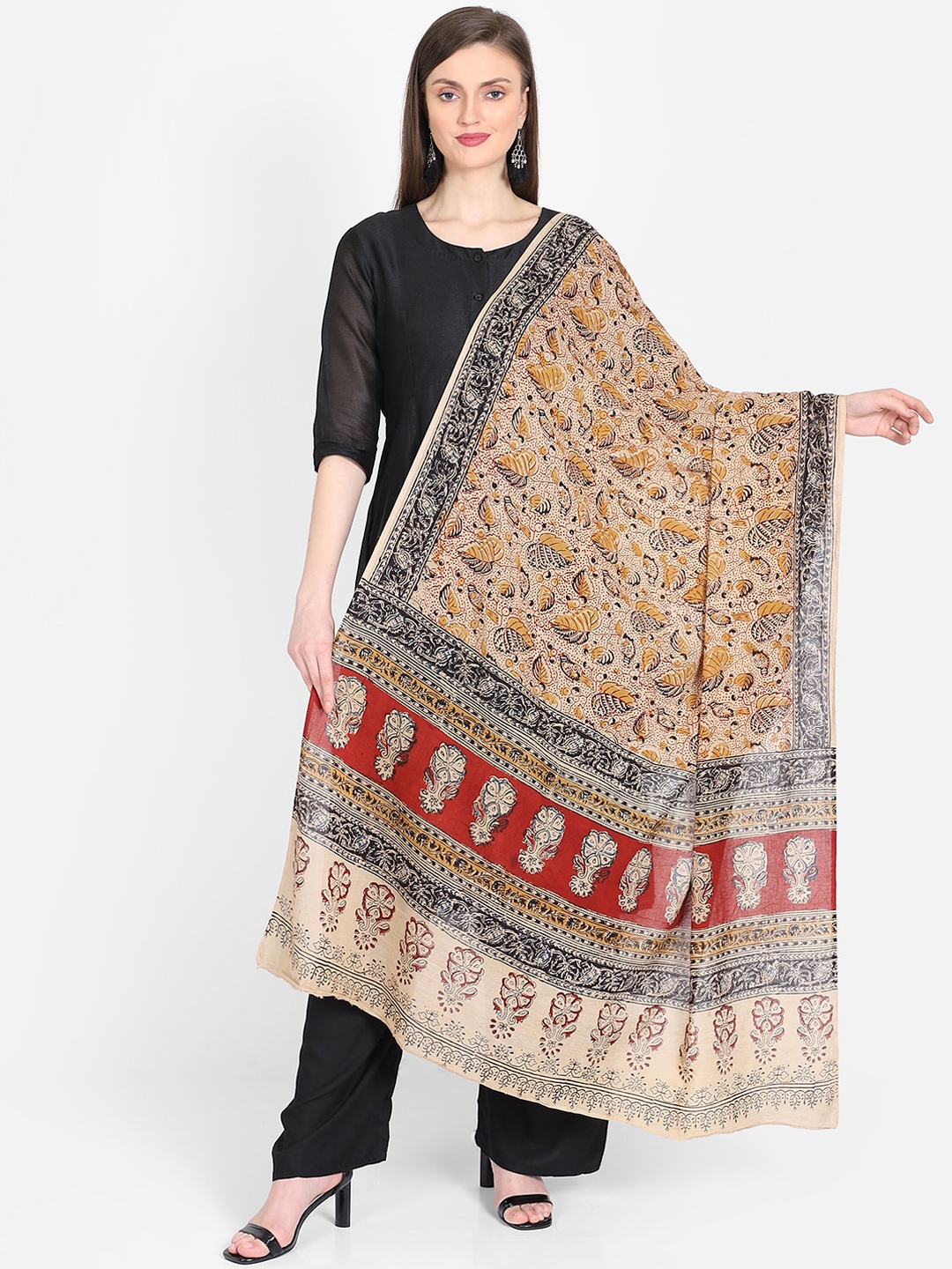 

THE WEAVE TRAVELLER Brown & Black Kalamkari Printed Cotton Sustainable Dupatta