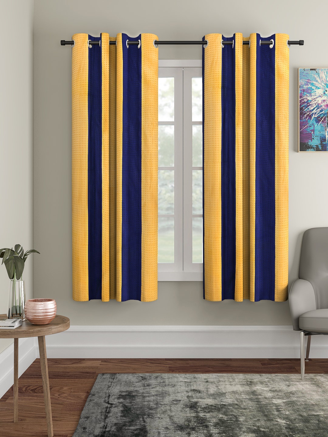 Home Sizzler Navy Blue & Orange Set of 2 Window Curtains