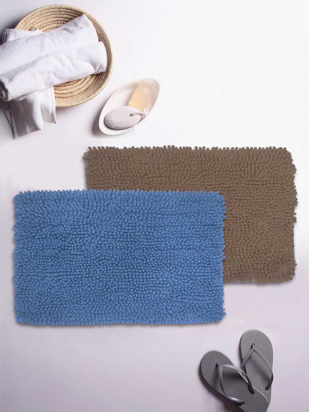 

BIANCA Set Of 2 Mushroom Texture Non-Slip Shaggy Bath Rugs, Blue